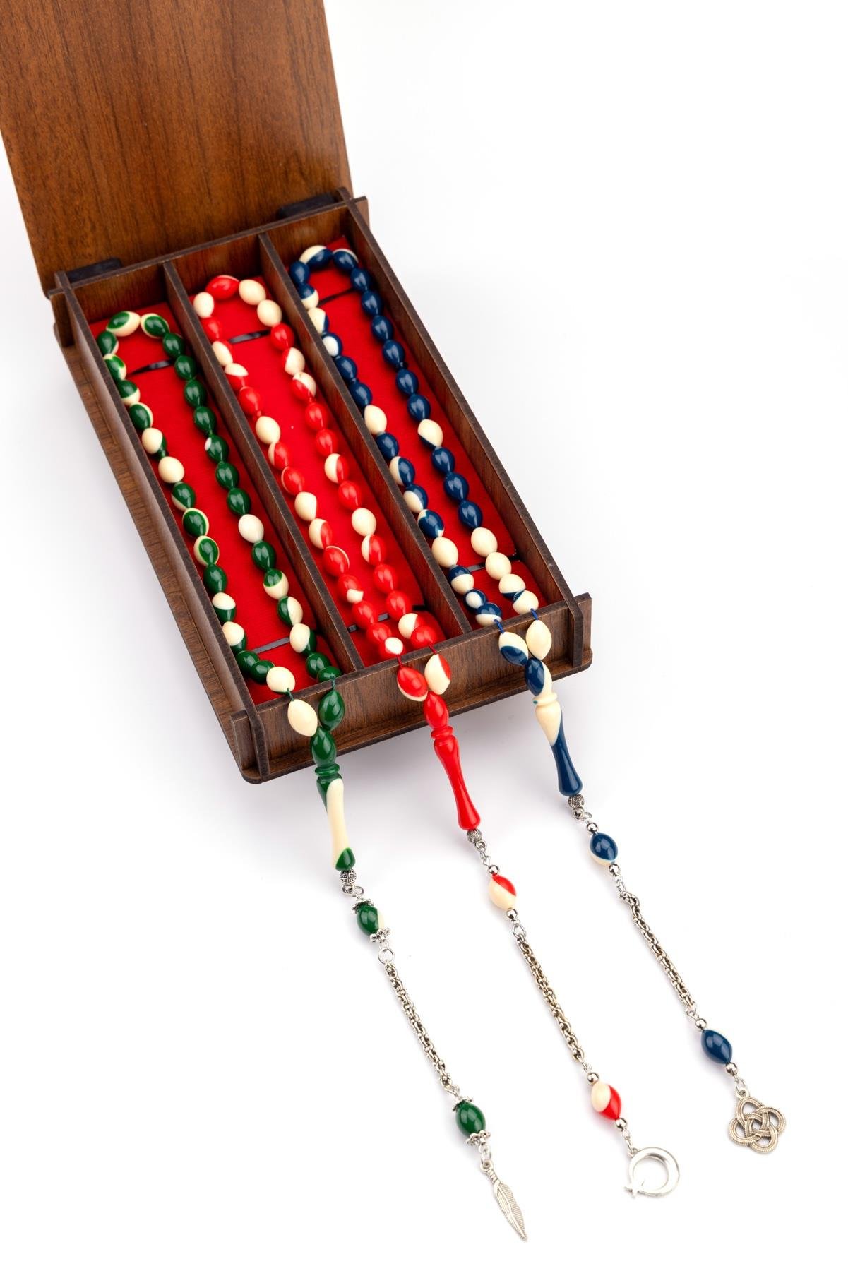 Ahşap Kutuda 3'lü Toz Kehribar Bilardo Tesbih Seti