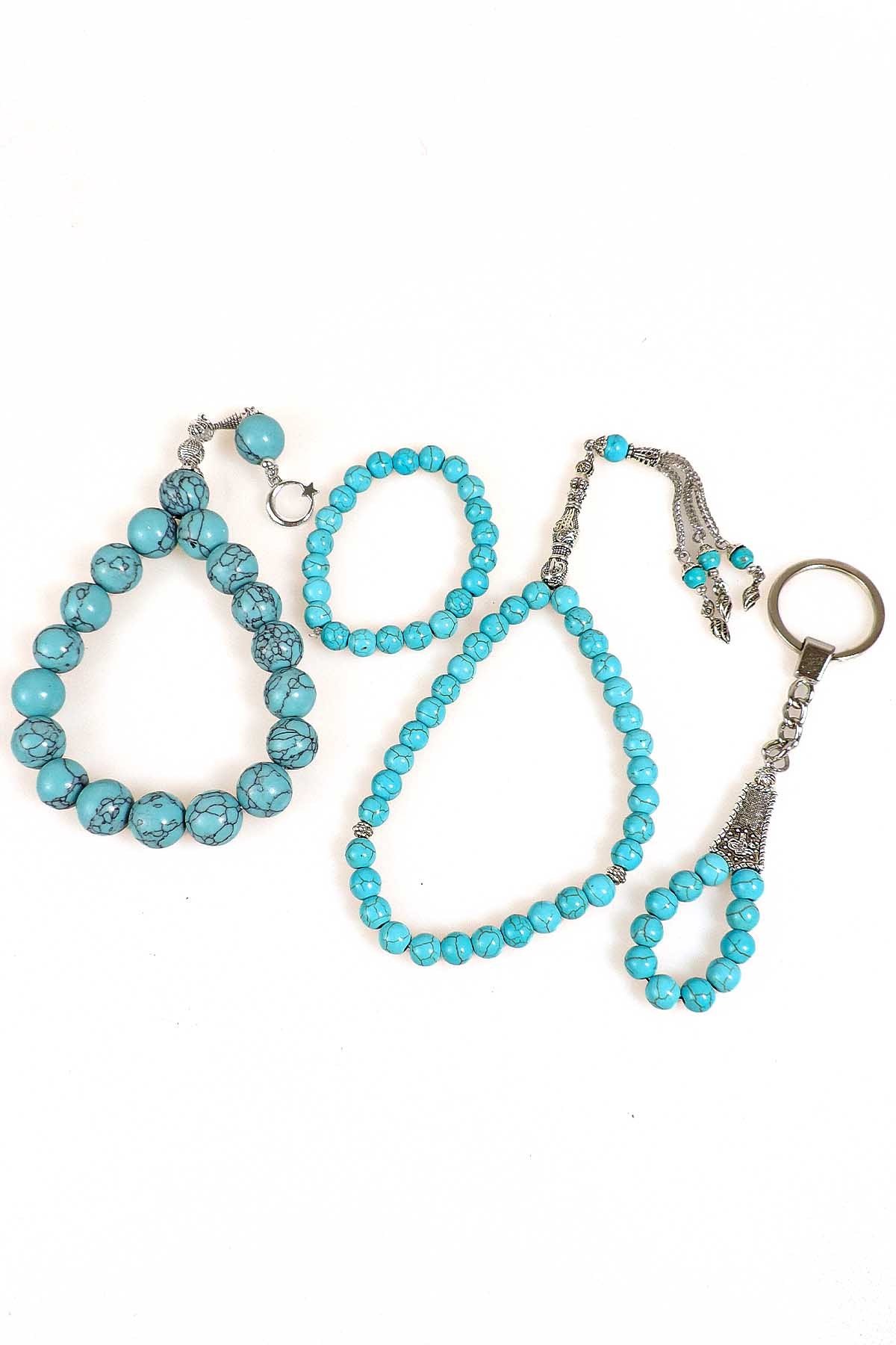 Ahşap Kutuda Turkuaz Taşı Seti Tesbih - Bileklik - Anahtarlık