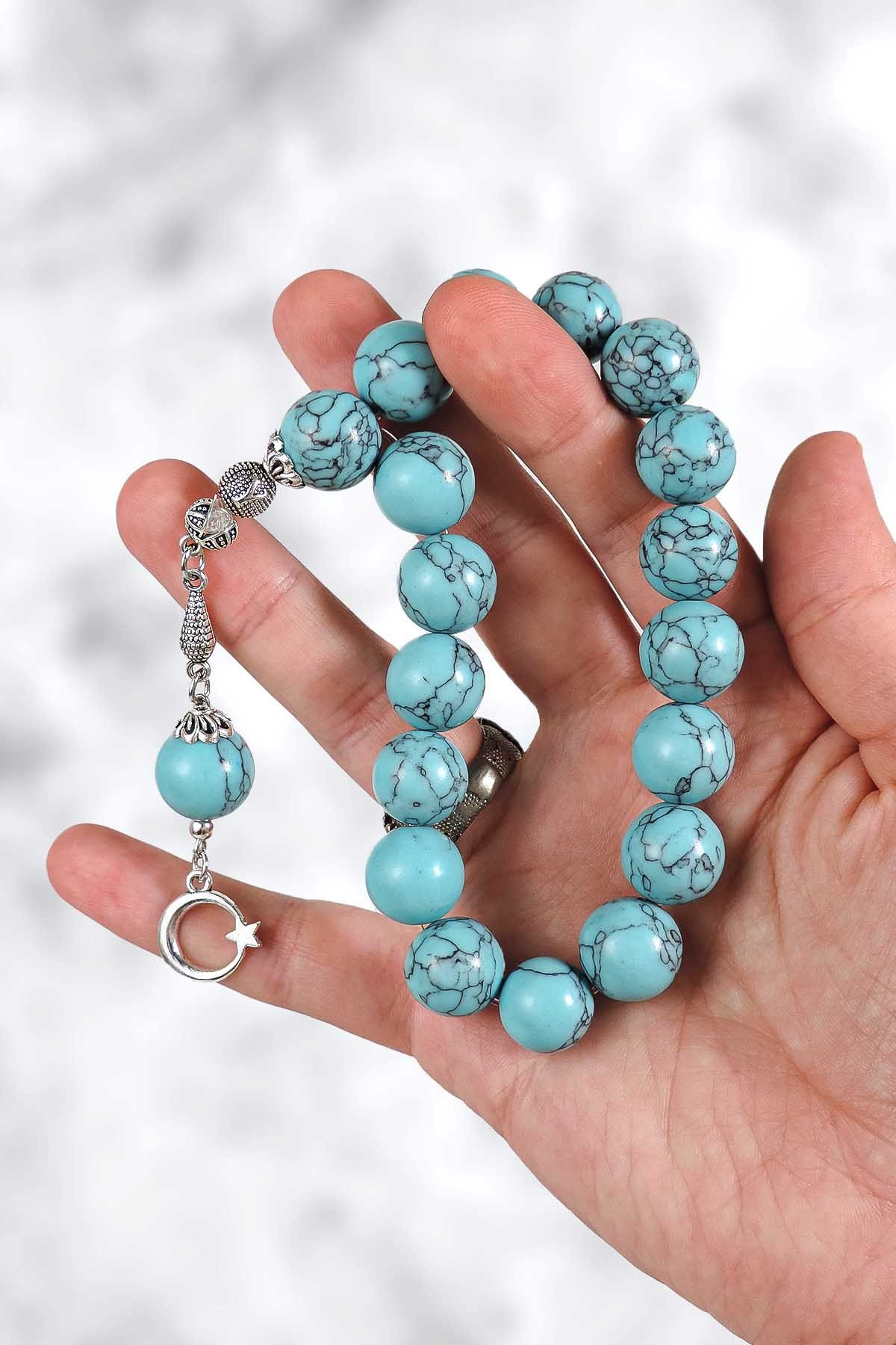 Ahşap Kutuda Turkuaz Taşı Seti Tesbih - Bileklik - Anahtarlık