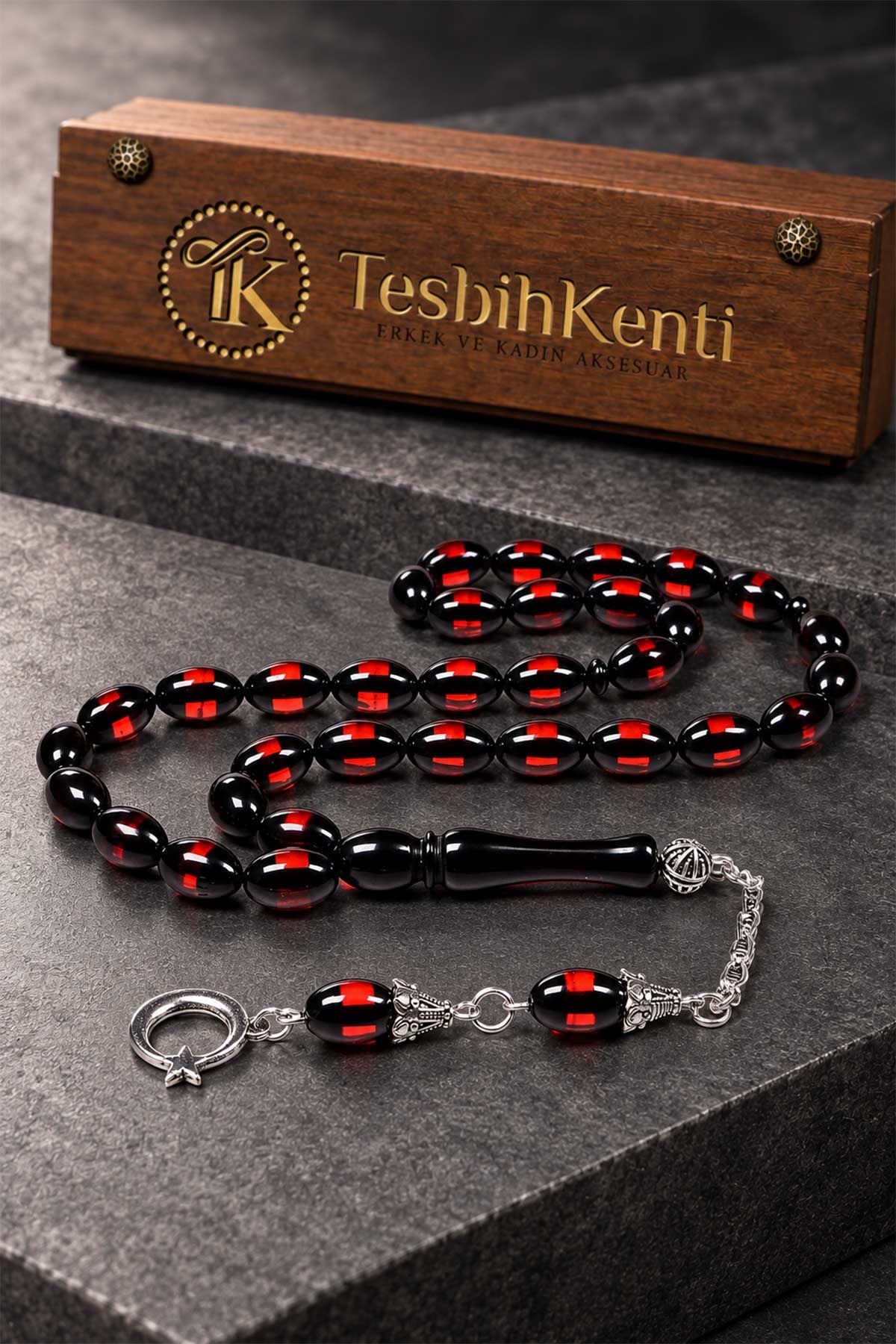 Ahşap Kutusunda Kırmızı Sürmeli Toz Kehribar Tesbih - TesbihKenti