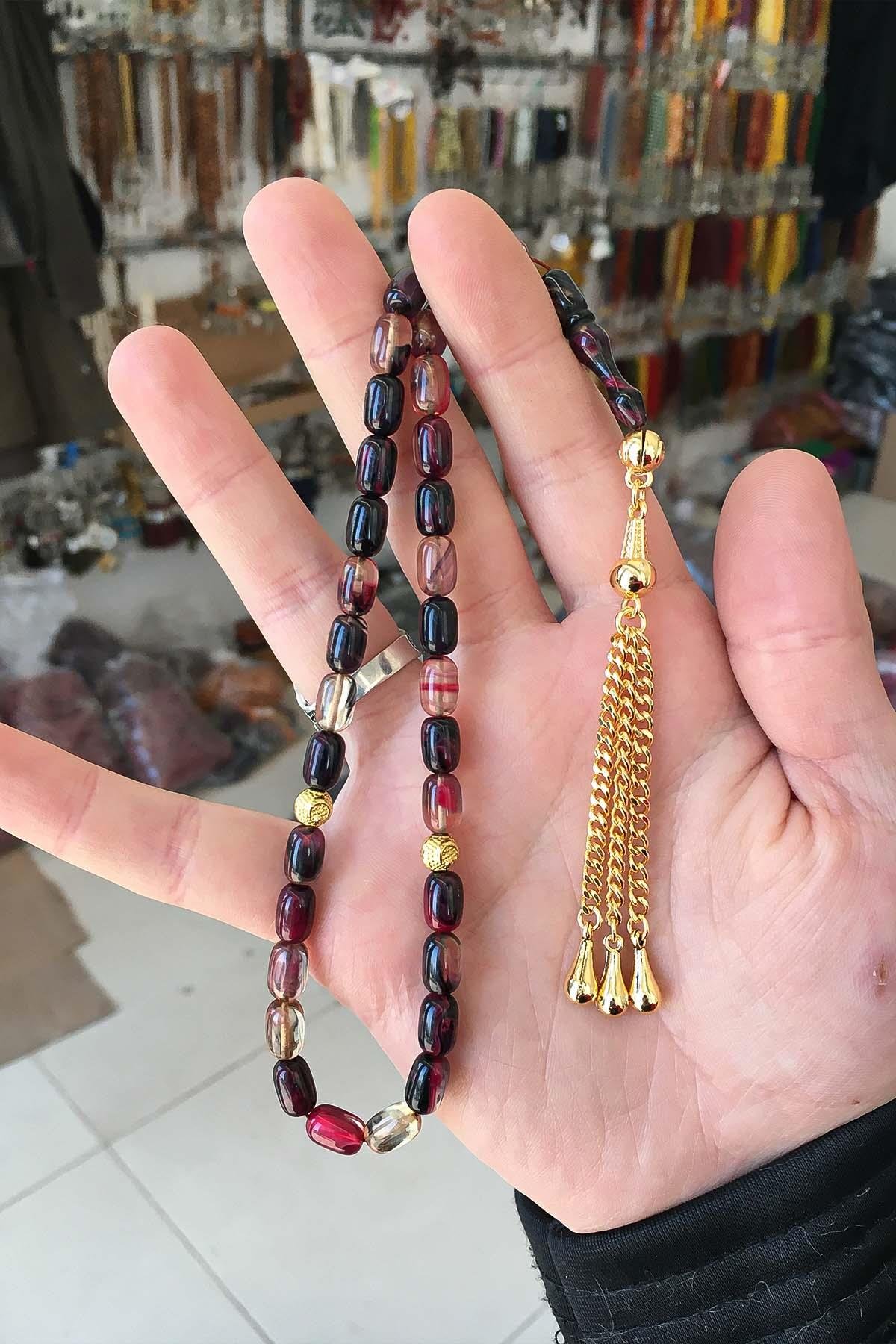Altın Kaplama Sarı Püsküllü Küçük Boy Alacalı Renk Sıkma Kehribar Tesbih