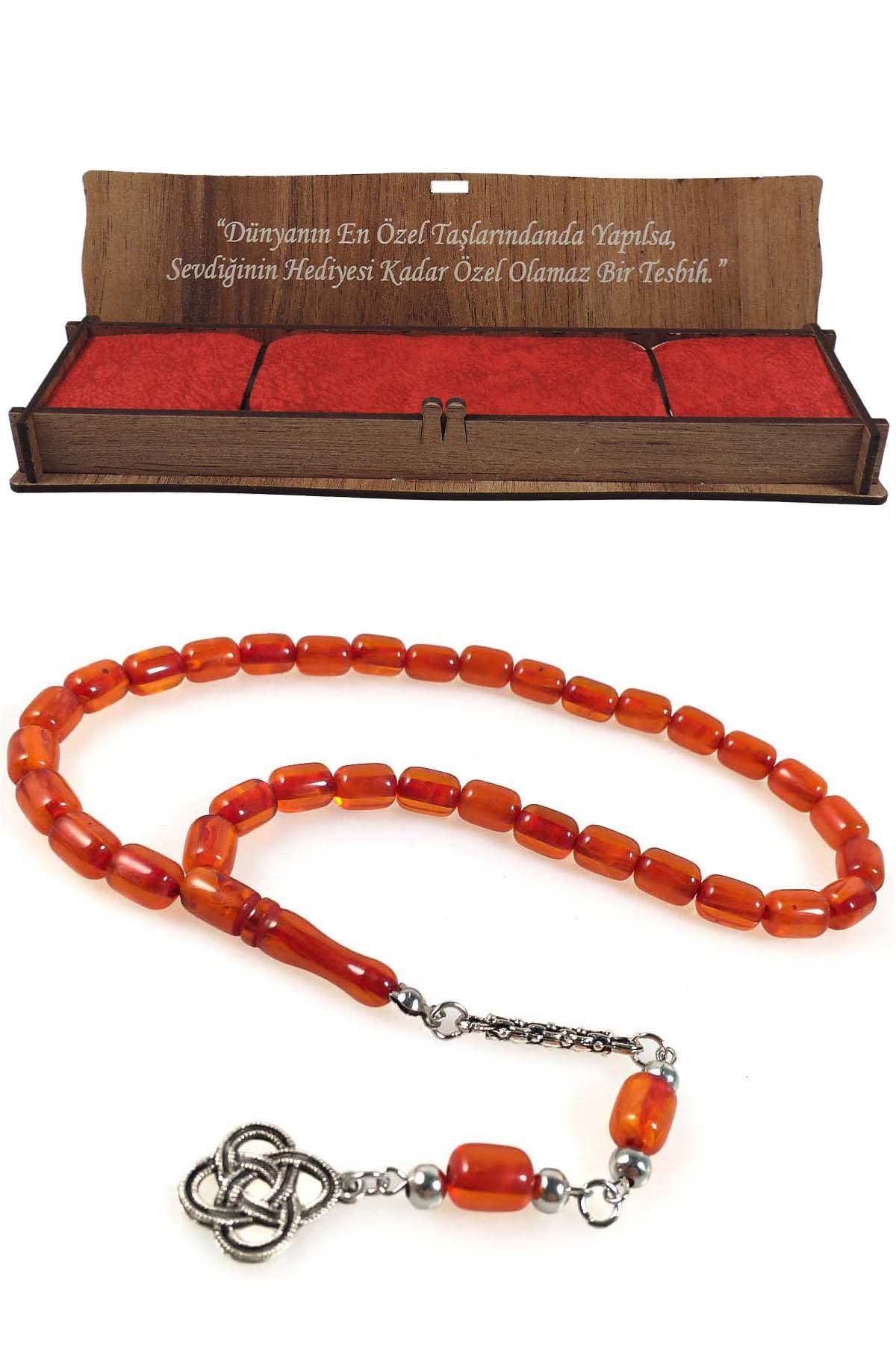 Ben Varken Ellerim Yazılı Ahşap Kutuda Toz Kehribar Tesbih