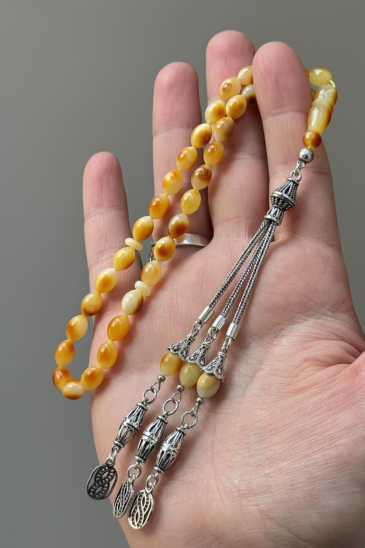 Benekli Gümüş Püsküllü Damla Kehribar Tesbih