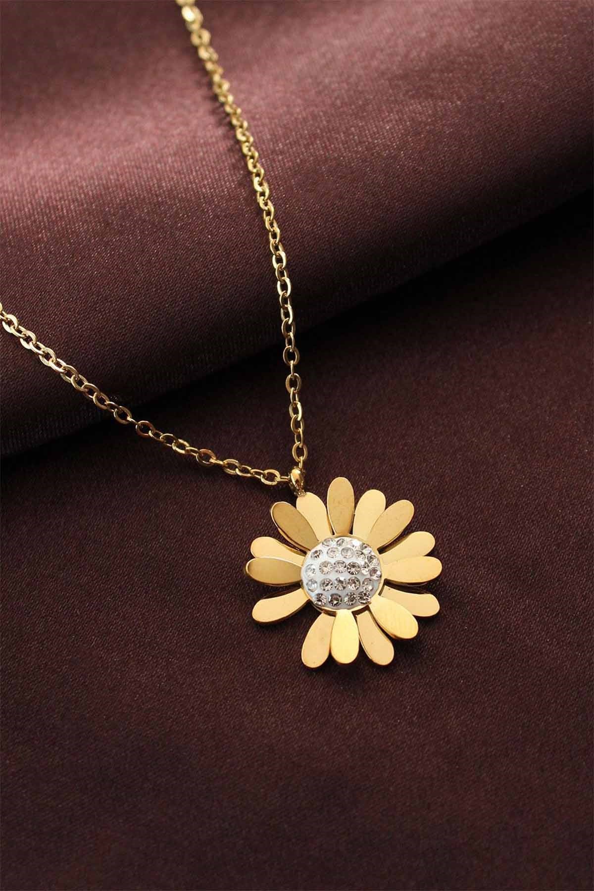 Çelik Sarı Gold Renk Zirkon Taşlı Papatya Kolye