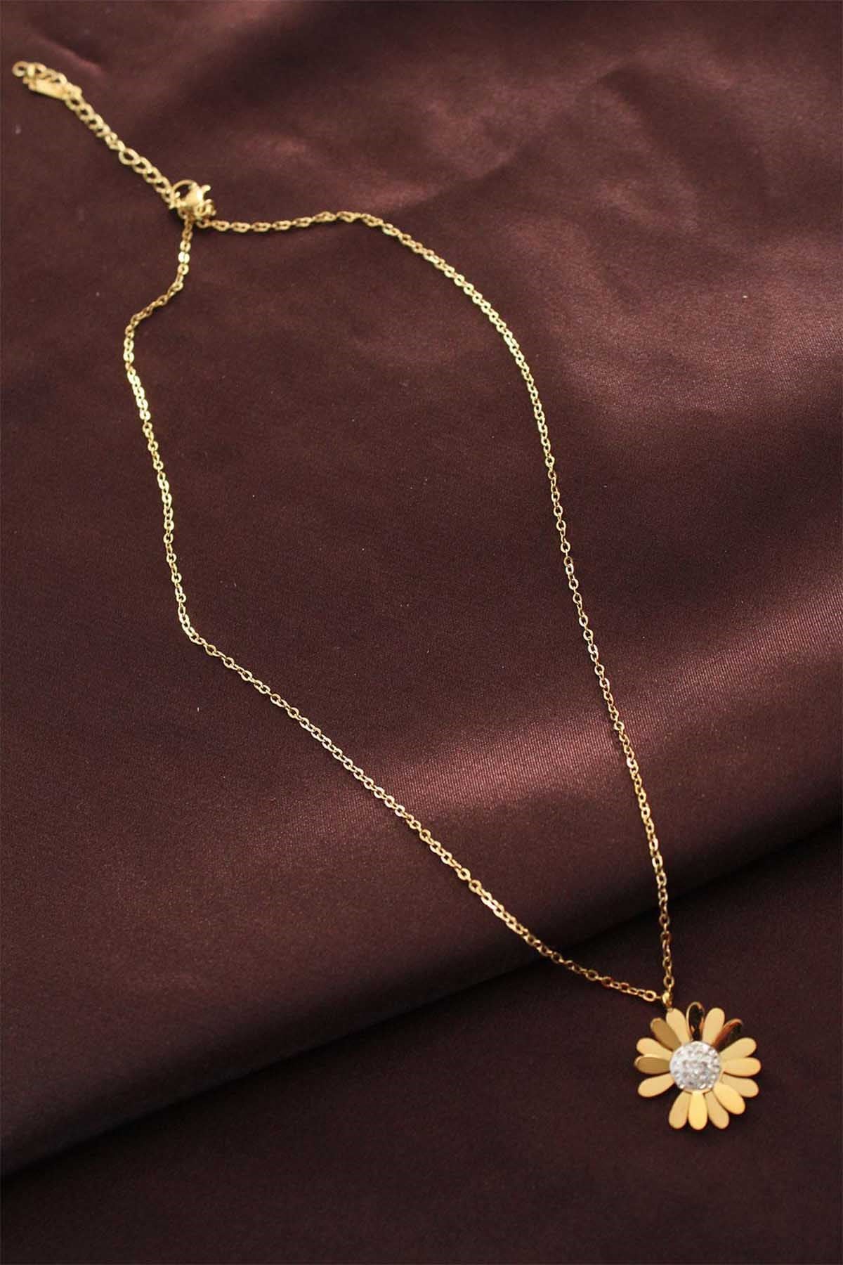 Çelik Sarı Gold Renk Zirkon Taşlı Papatya Kolye