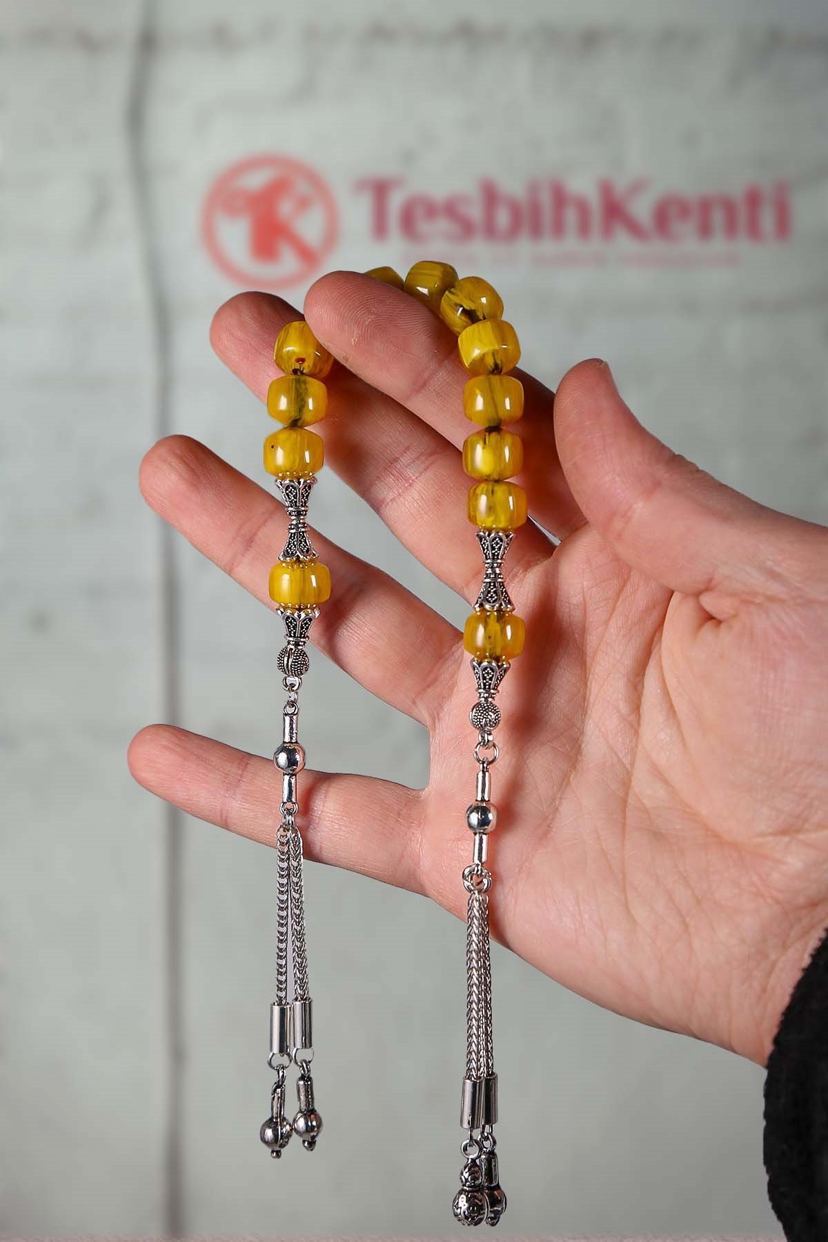 Çift Püsküllü Açık Yeşil Renk Toz Kehribar Zaza Tesbih