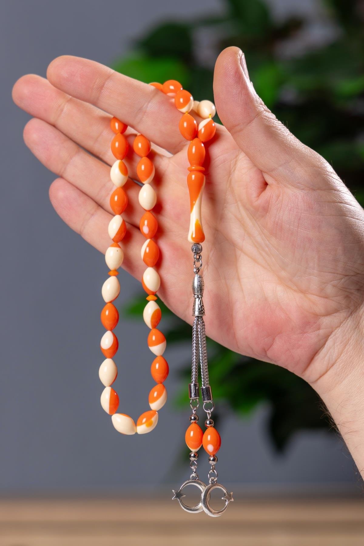 Çift Püsküllü Turuncu Bilardo Benzetme Toz Kehribar Tesbih