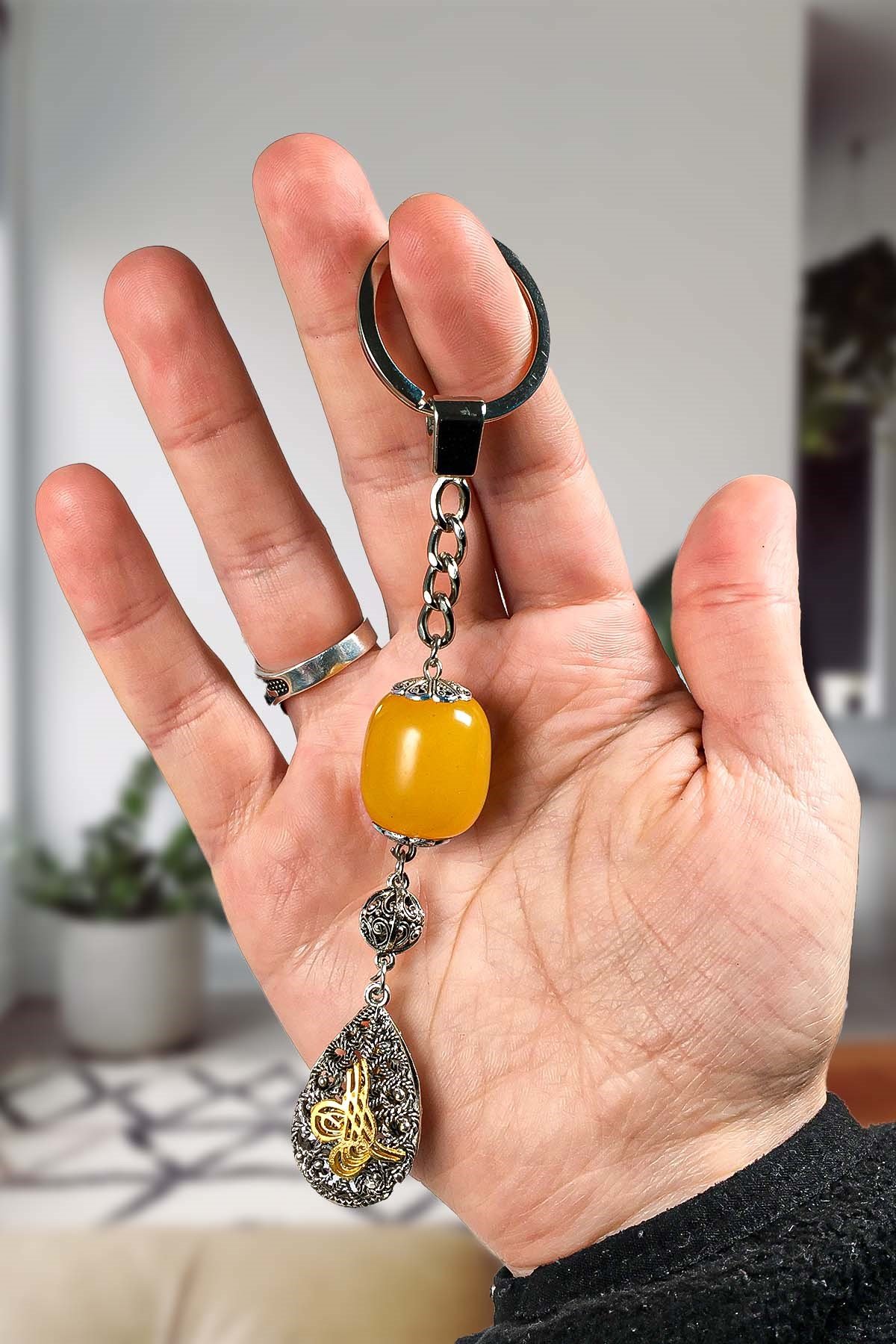 Çift Taraflı Tuğra Tasarımlı Sarı Taşlı Anahtarlık