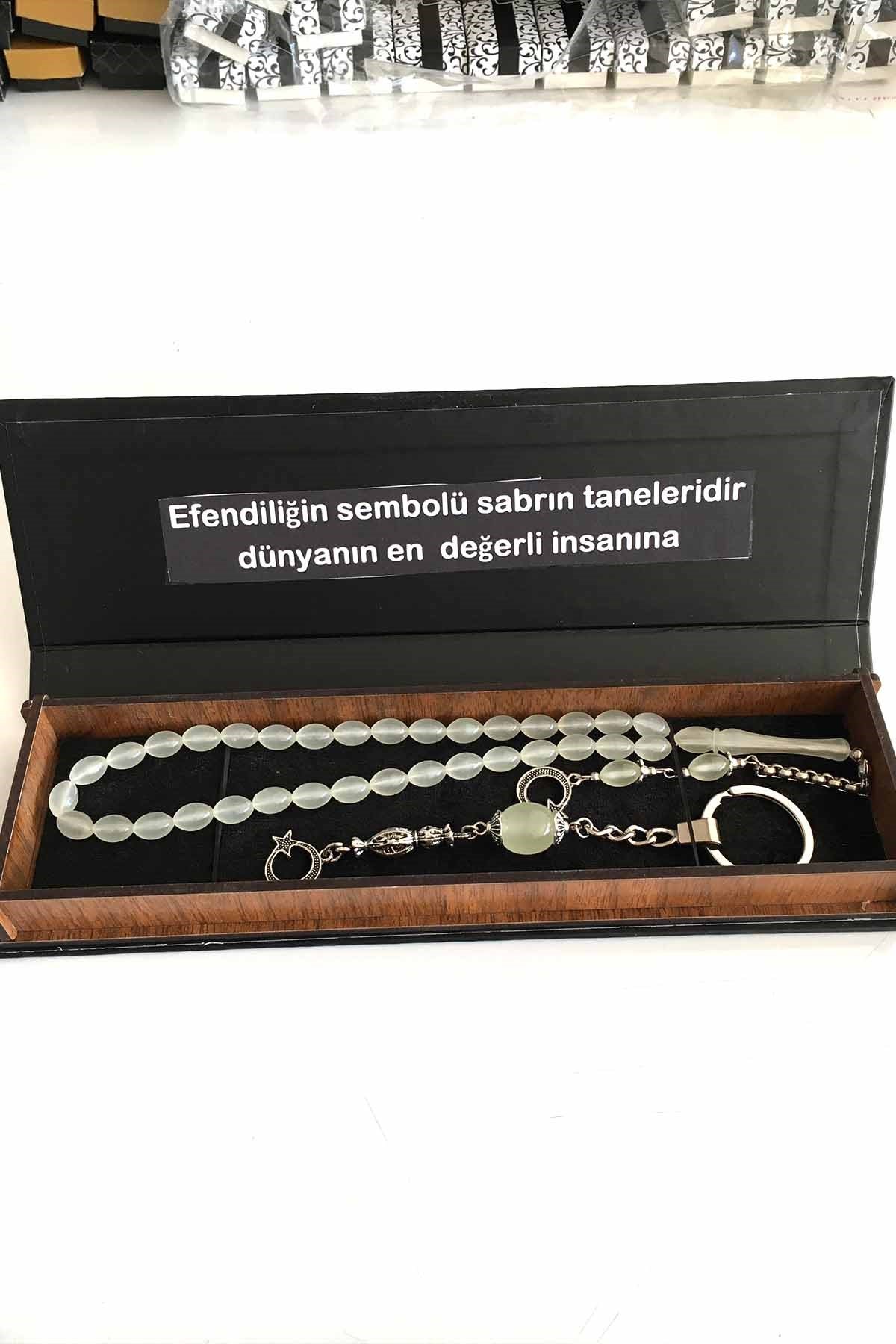 Erkek İçin Ahşap Kutuda Kişiye Özel Yazılı Kedi Gözü Fosforlu Tesbih