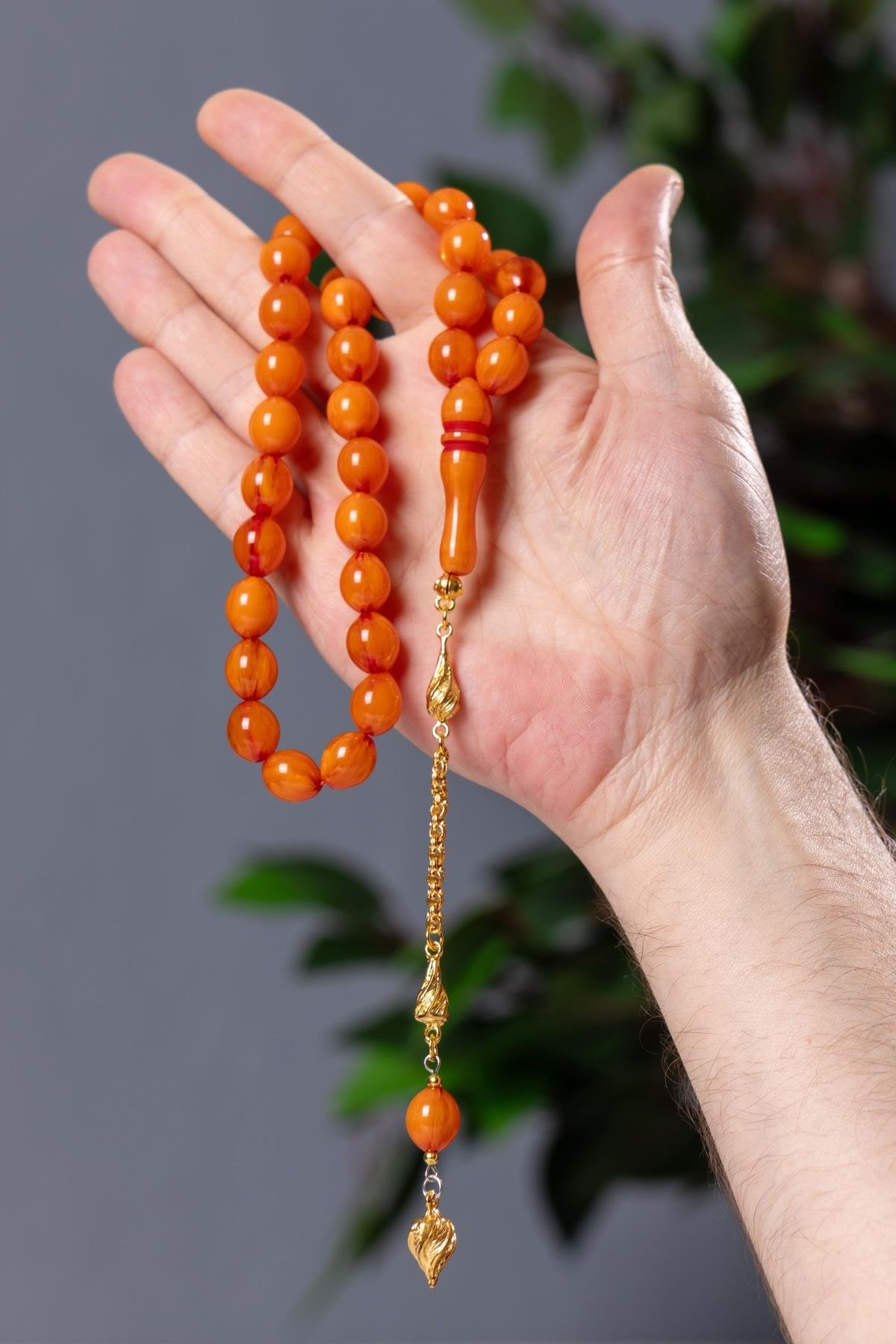 Eskitme Rengi ve Püskülü İle İri Boy Toz Kehribar Tesbih