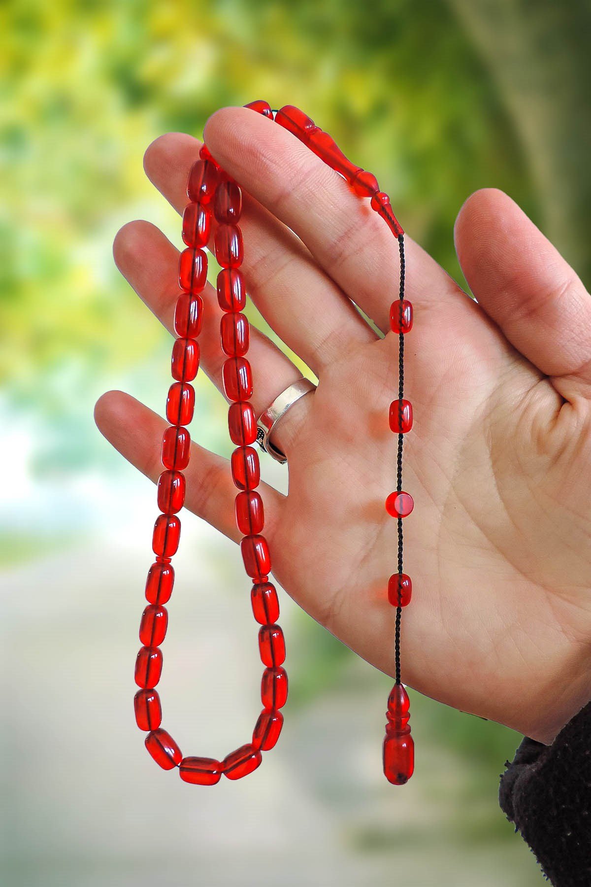 Ful Şeffaf Delim Yumuşak Çekimli Kırmızı Renk Ateş Kehribar Tesbih