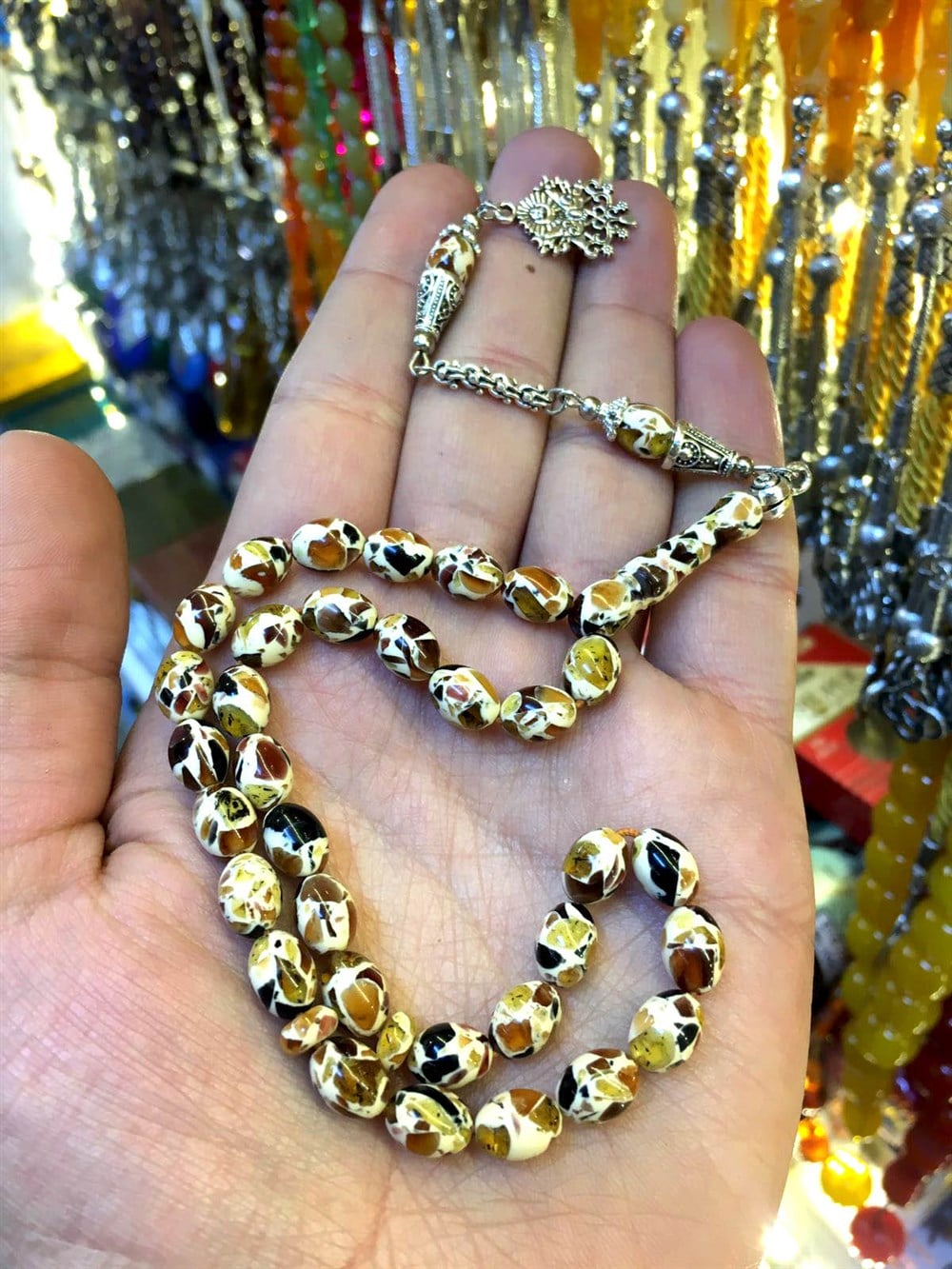 Gümüş Arnavut Zincirli Parça Kehribar Tesbih