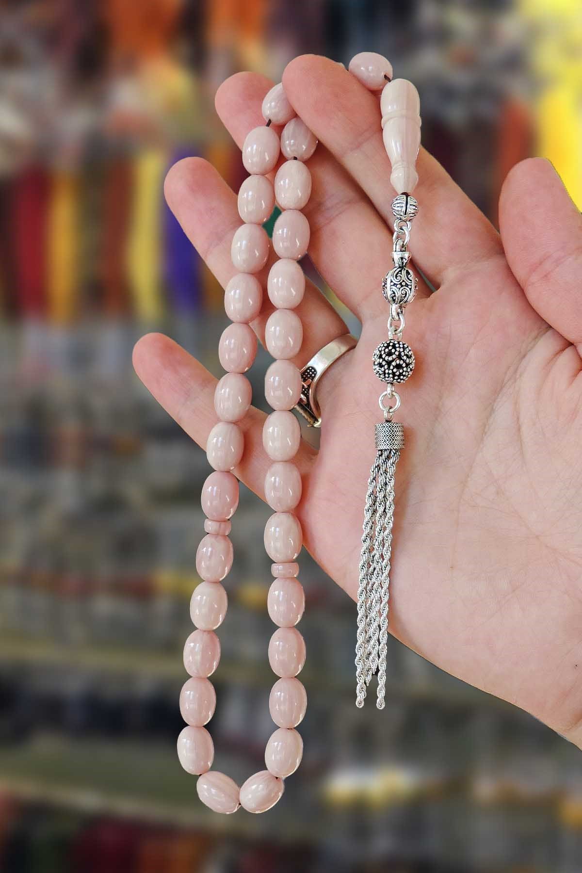 Gümüş Kaplama Püsküllü Açık Pembe Kanayan Bağa Tesbih
