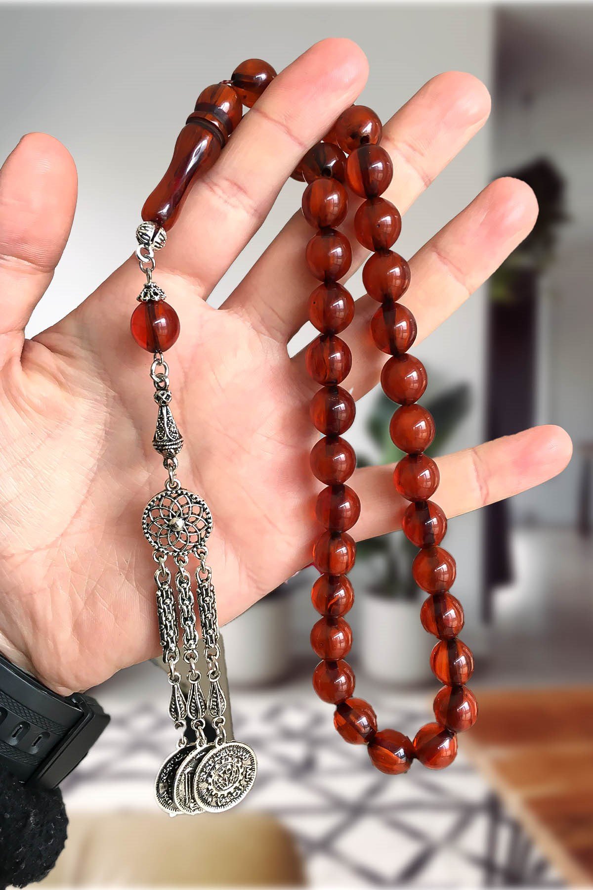 Güzel Çekimli Orta Boy Bal Rengi Toz Kehribar Tesbih