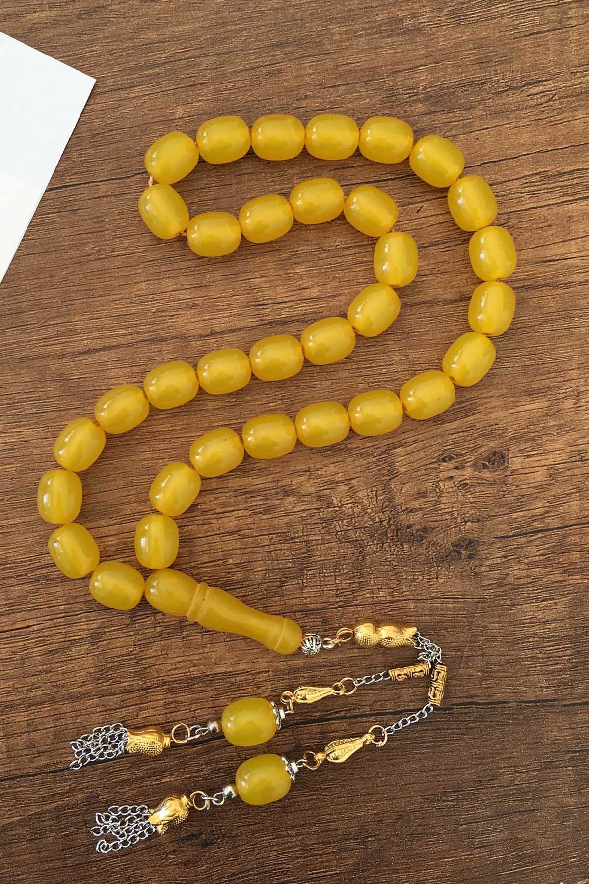 İri Boy Limon Rengi Lale Püsküllü Özel Kutusunda Toz Kehribar Tesbih