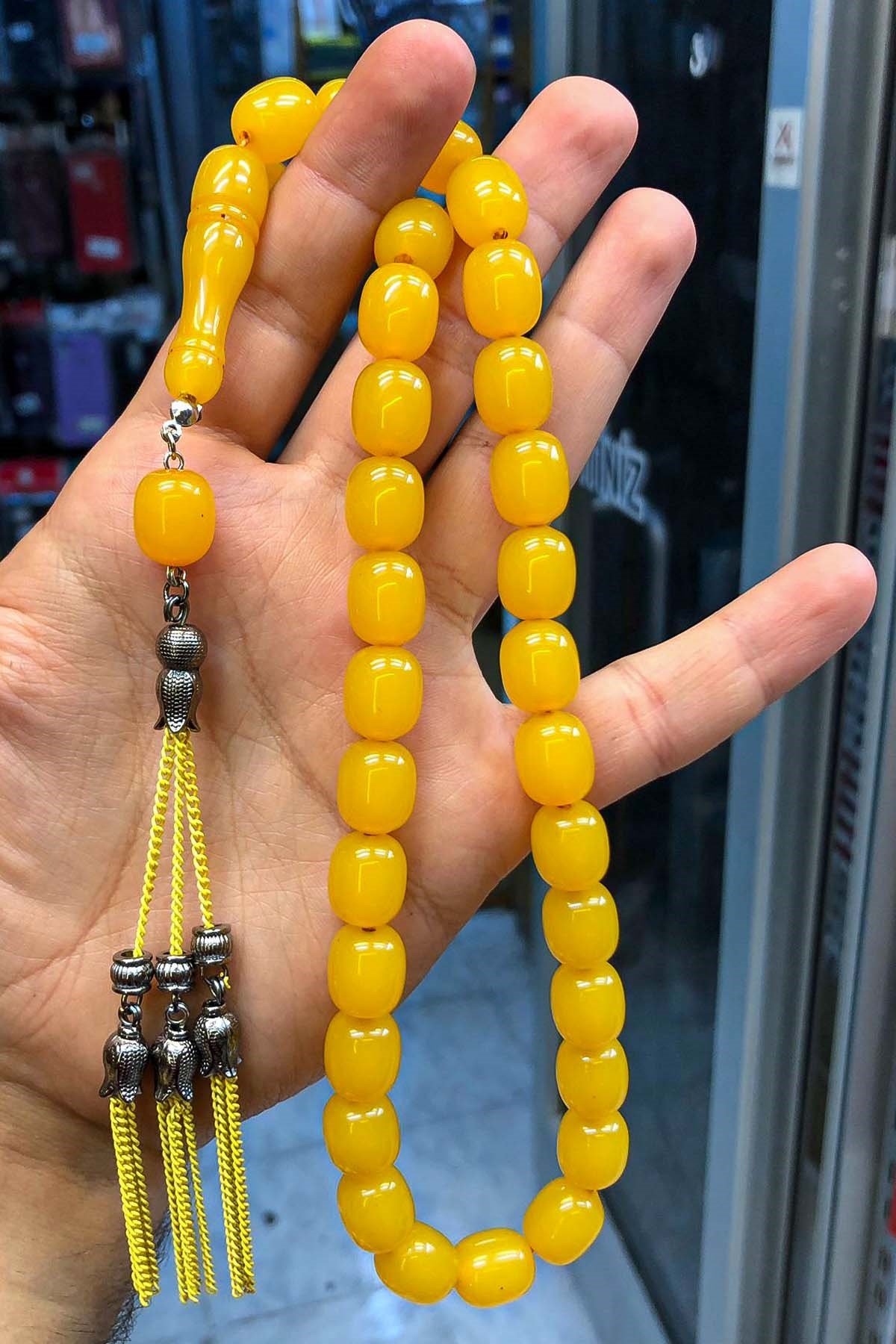 İri Boy Limon Renk Lale Püsküllü Toz Kehribar Tesbih