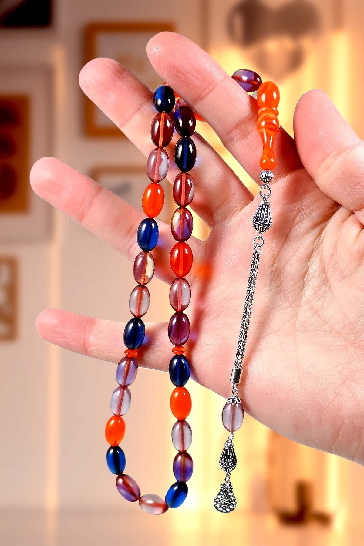 Karma Renk 925 Ayar Gümüş Püsküllü Sıkma Kehribar Tesbih