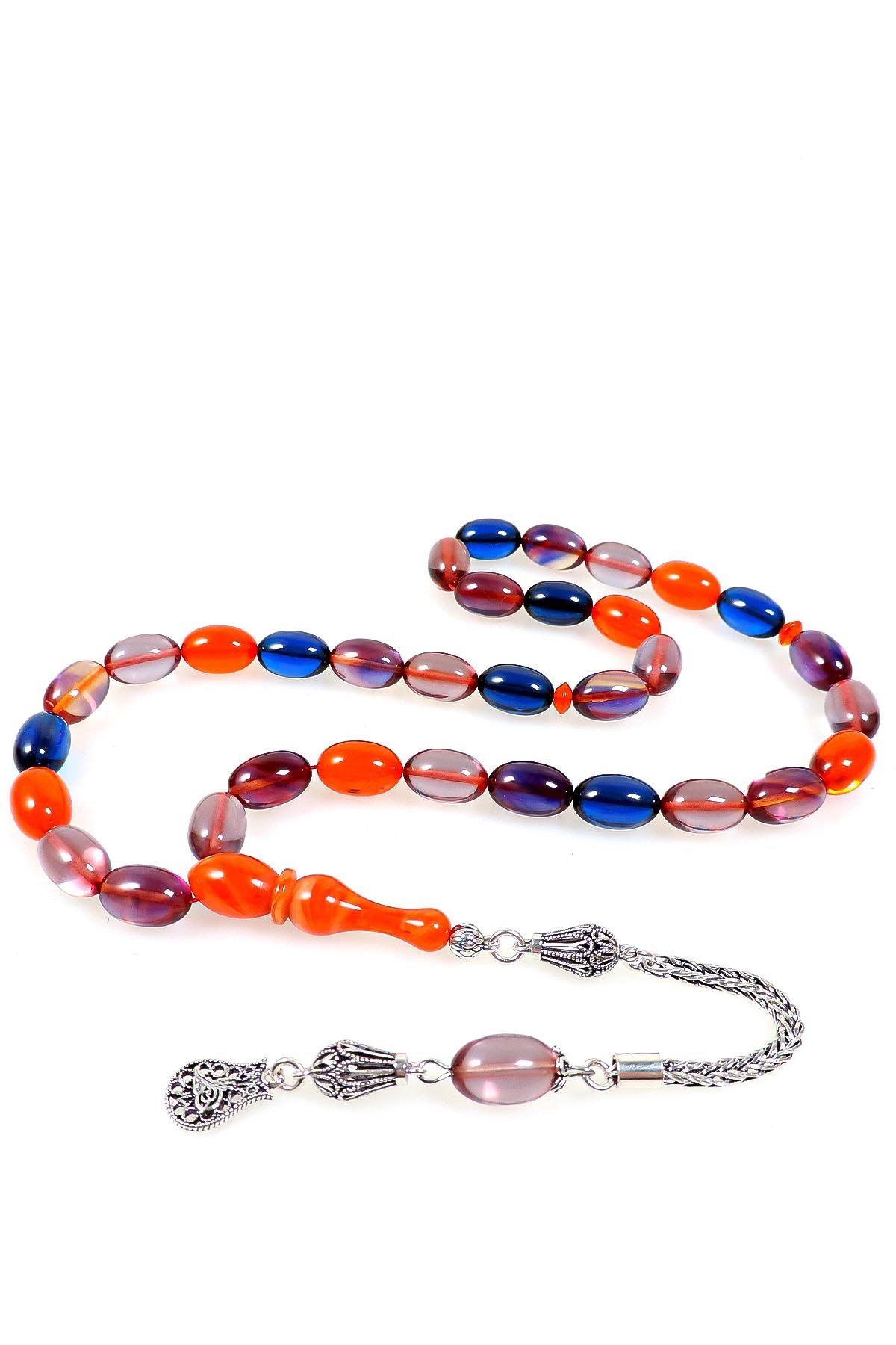 Karma Renk 925 Ayar Gümüş Püsküllü Sıkma Kehribar Tesbih