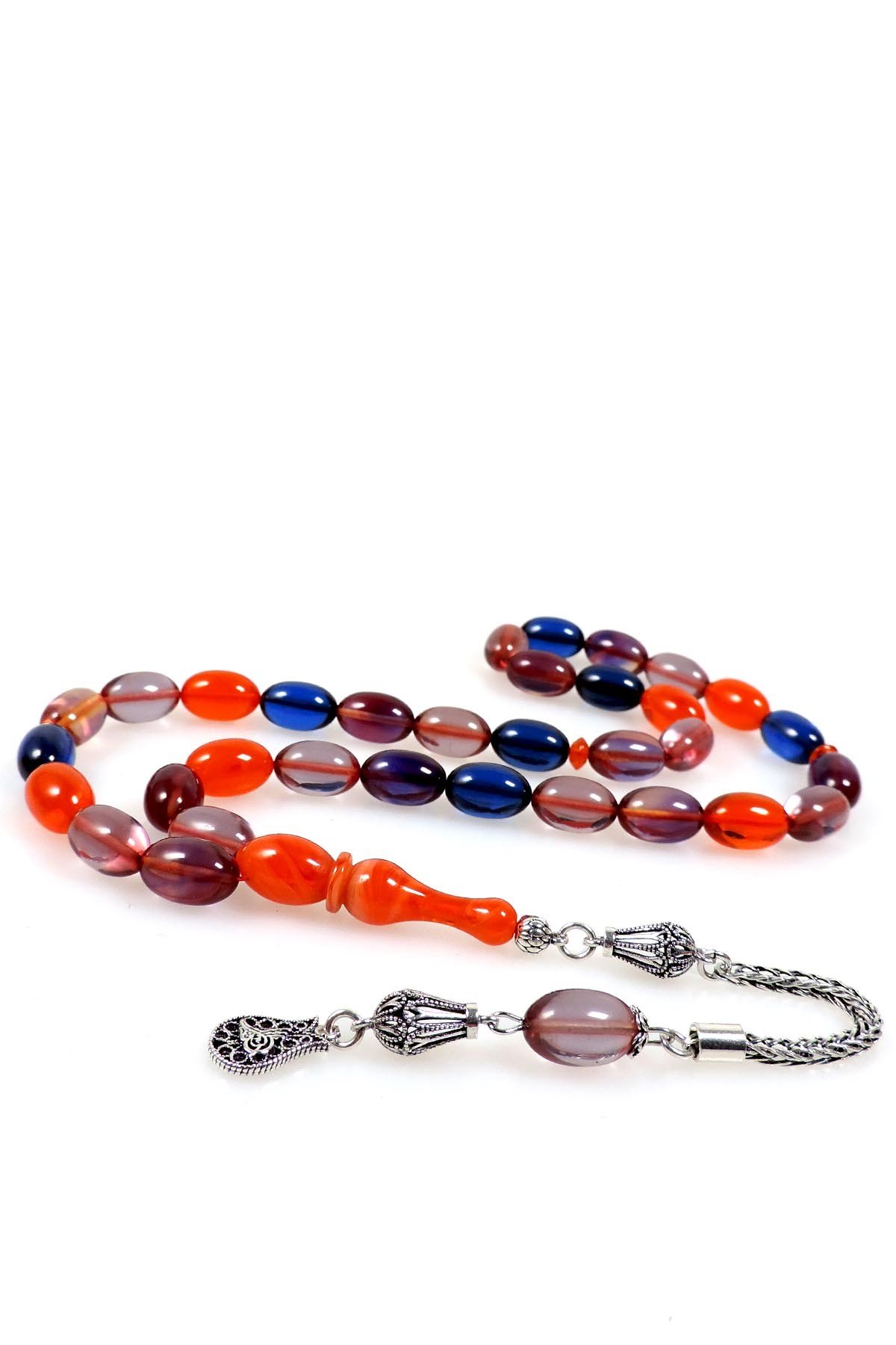 Karma Renk 925 Ayar Gümüş Püsküllü Sıkma Kehribar Tesbih