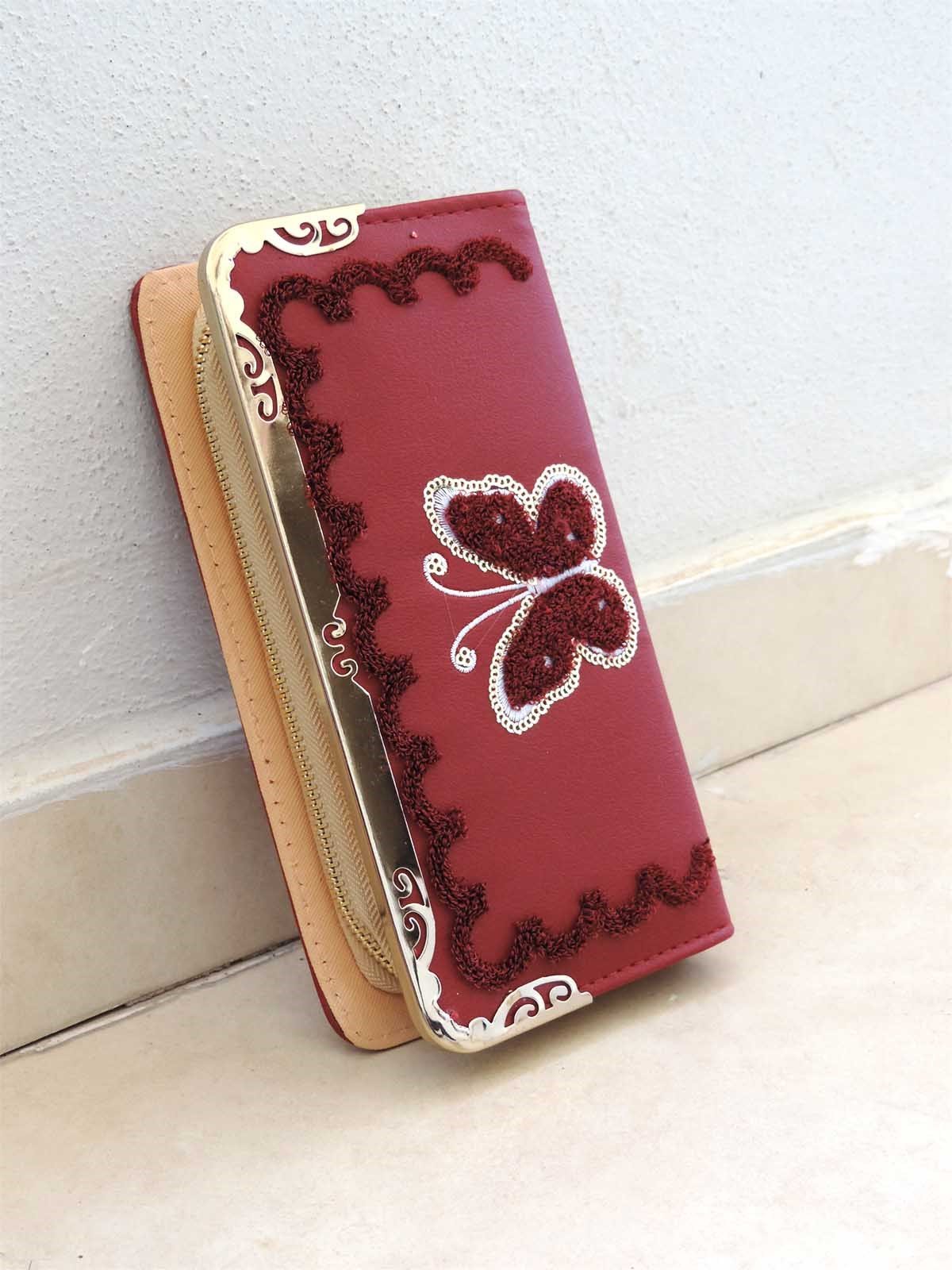 Kelebek Tasarımlı Bordo Renk Cüzdan