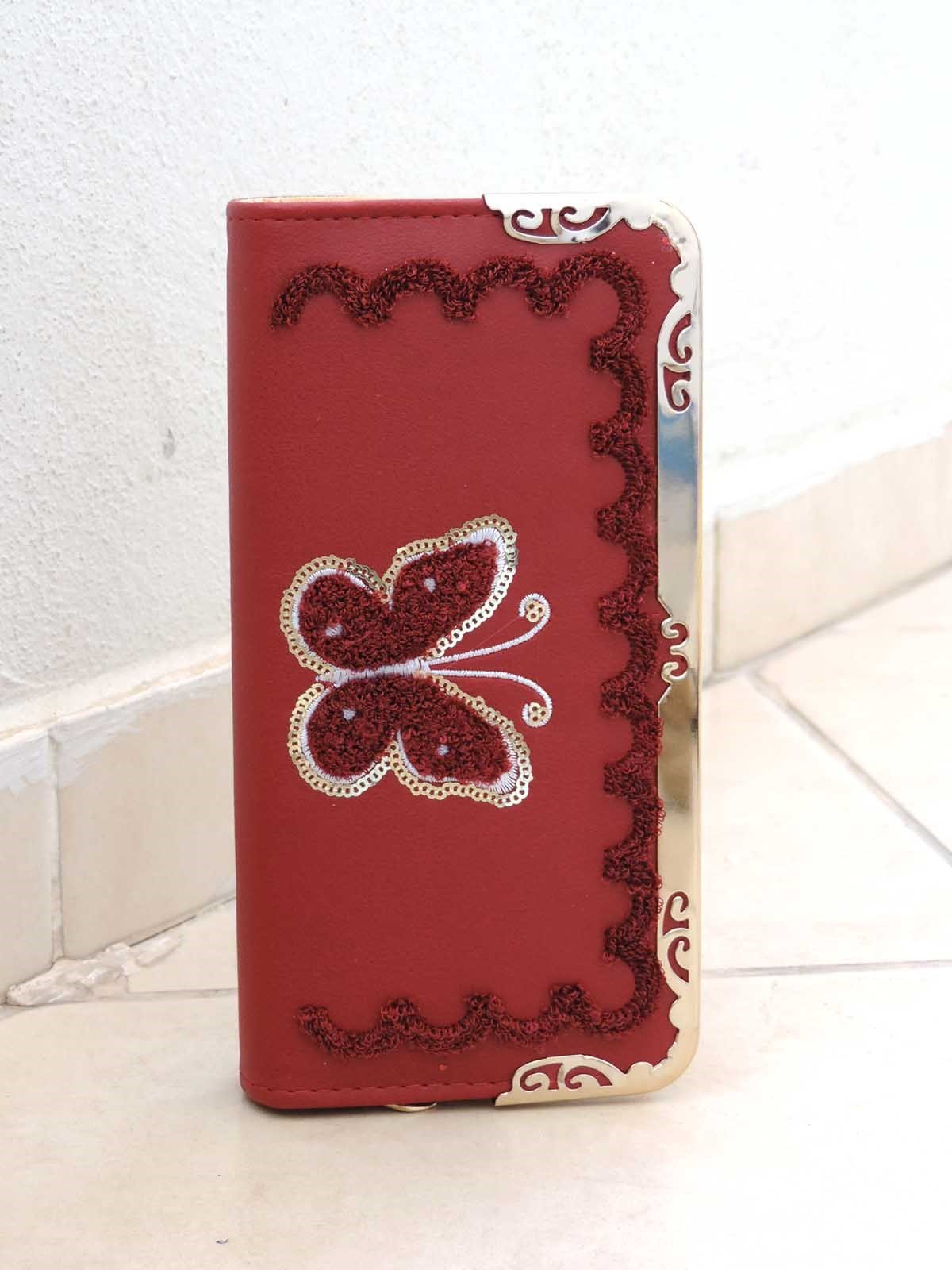 Kelebek Tasarımlı Bordo Renk Cüzdan