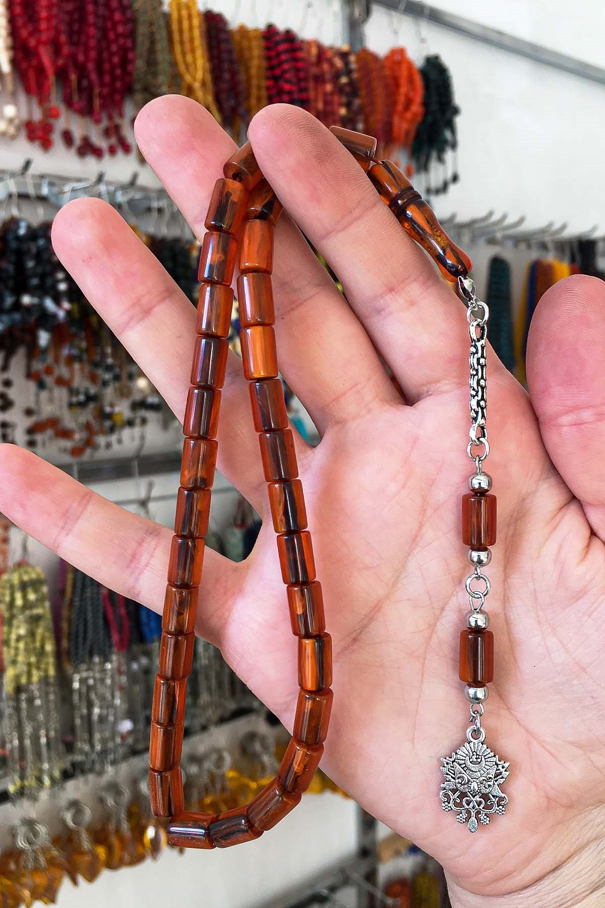 Kesme Tane Esitme Model Tek Dal Püsküllü Toz Kehribar Tesbih