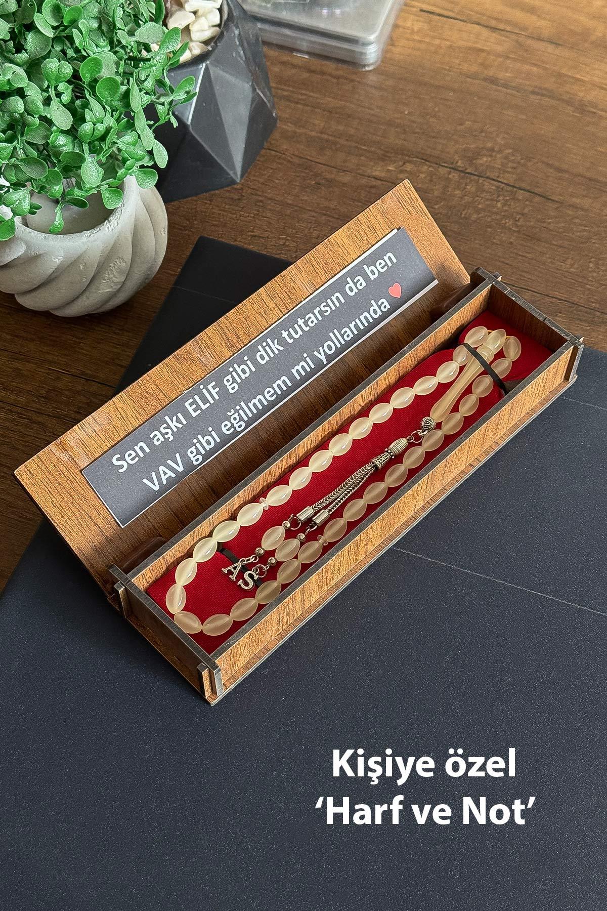 Kişiye Özel Harf ve Notlu Ahşap Kutuda Kedi Gözü Tesbih