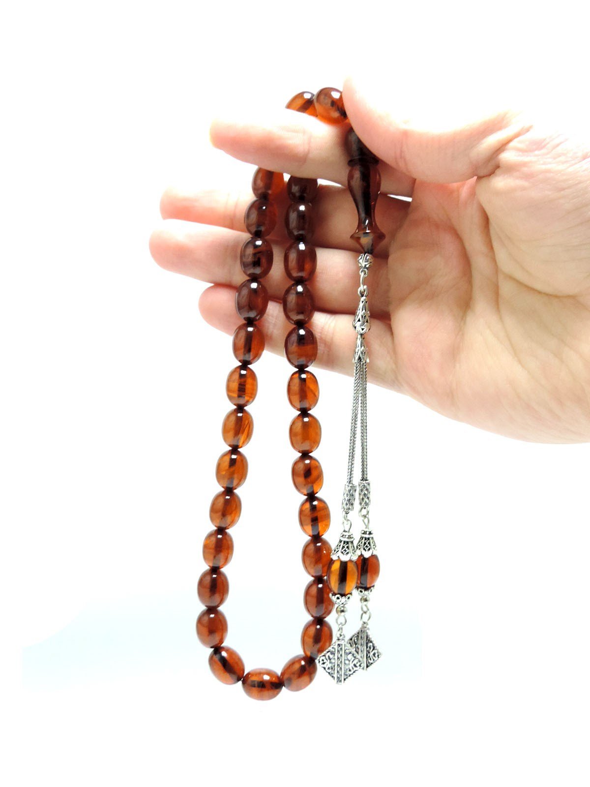 Koyu Bal Rengi Sıkma Kehribar 925 Ayar Gümüş Püskül