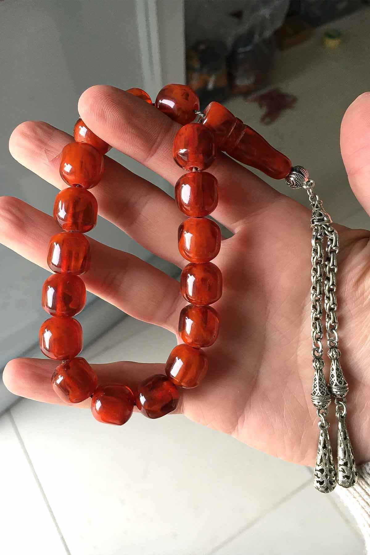 Koyu Bal Renk Gümüş Kaplama Püsküllü 17'lik Tesbih