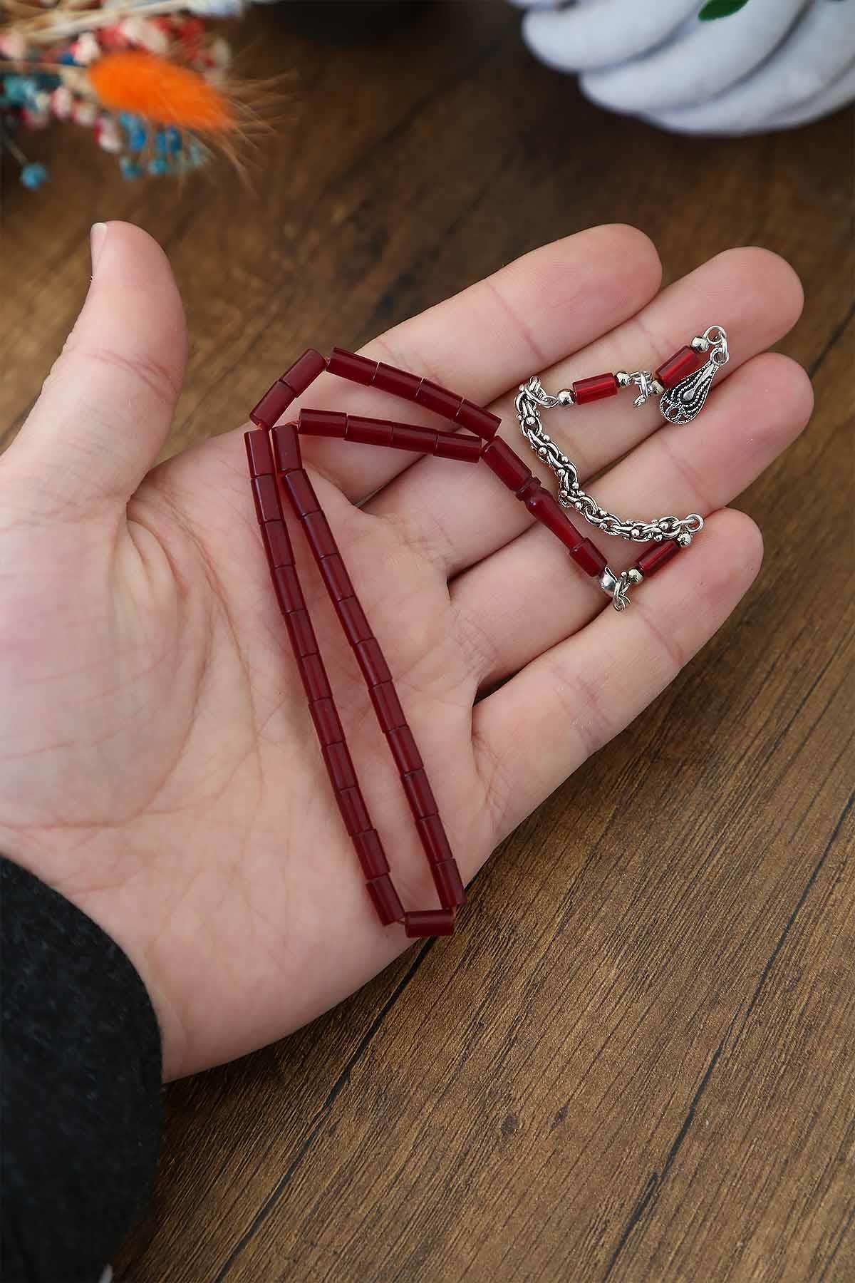 Koyu Kırmızı Küçük Boy Kesme Taneli Uçak Camı Tesbih
