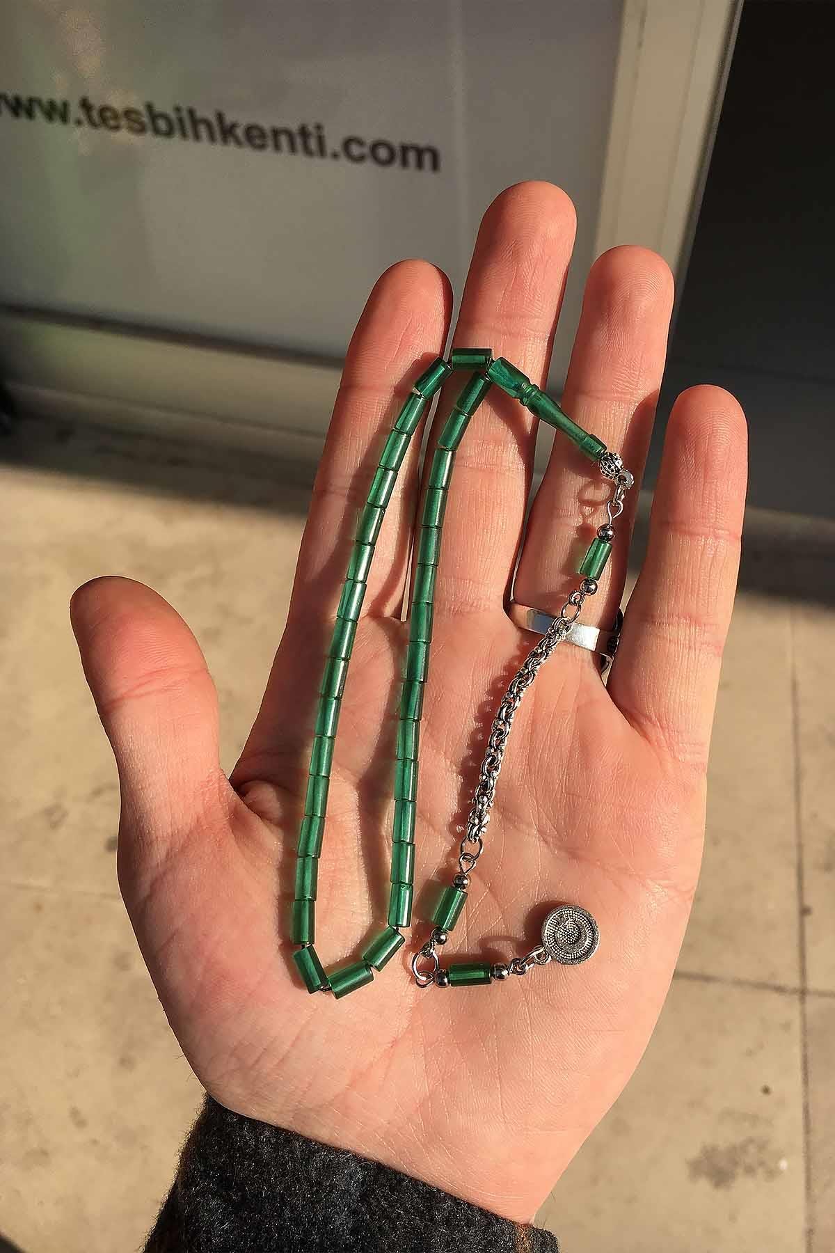 Koyu Su Yeşil Minik Boy Kesme Taneli Uçak Camı Tesbih