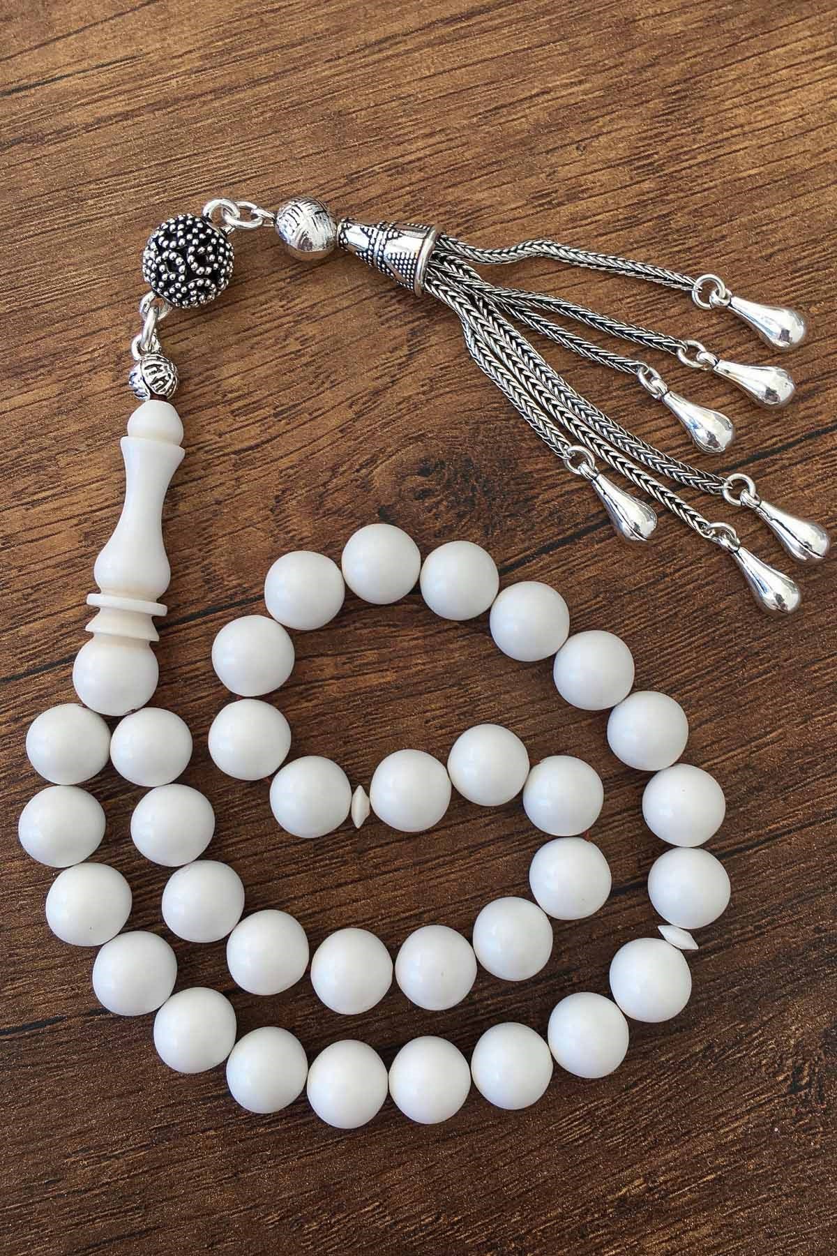 Küre Tane Gümüş Kaplama Püsküllü Corian Mermer Tesbih