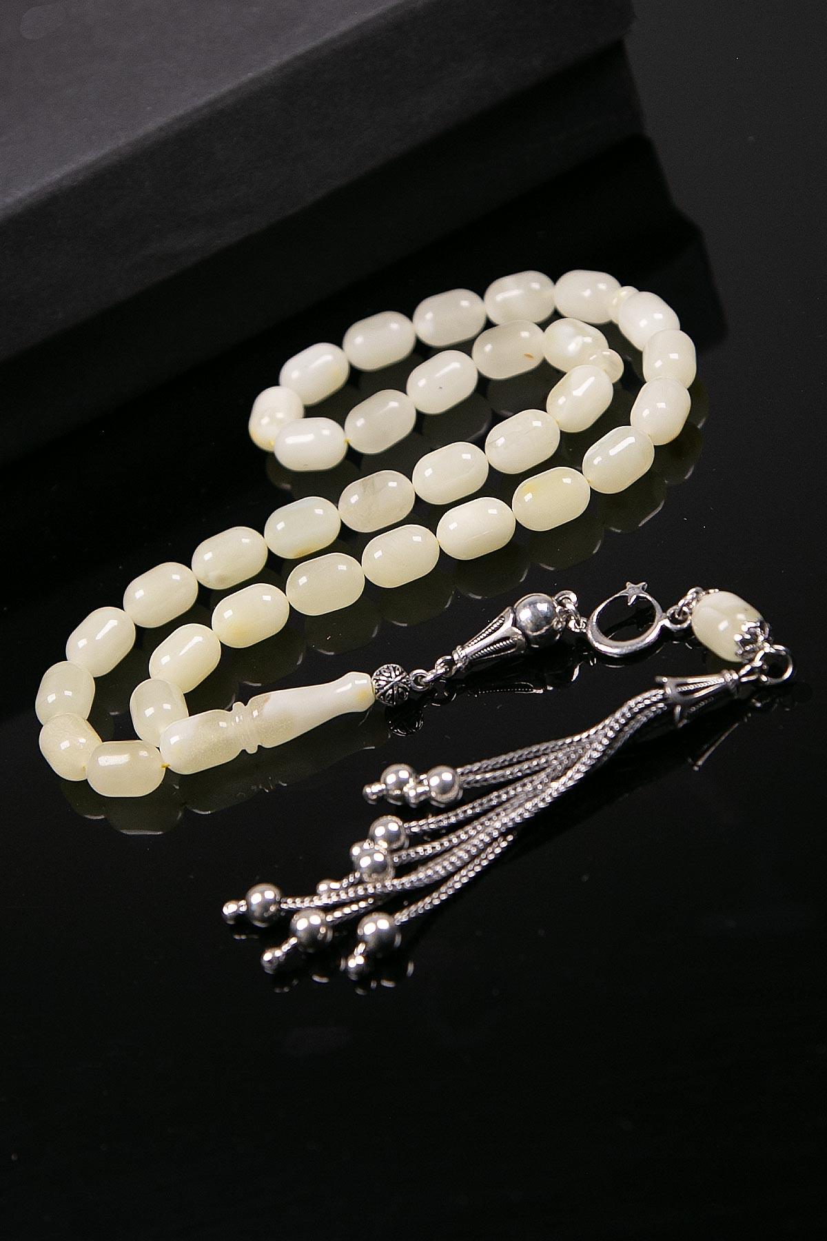 Limon Renk Kapsül Gümüş Püsküllü Damla Kehribar Tesbih