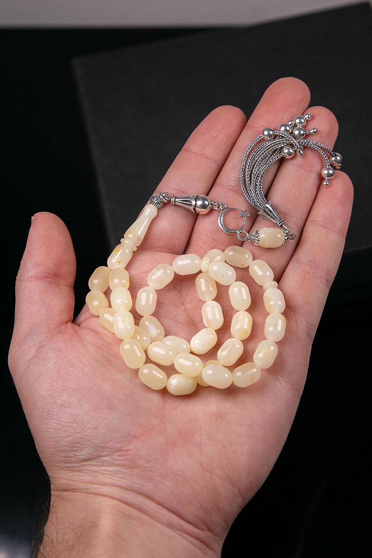 Limon Renk Kapsül Gümüş Püsküllü Damla Kehribar Tesbih