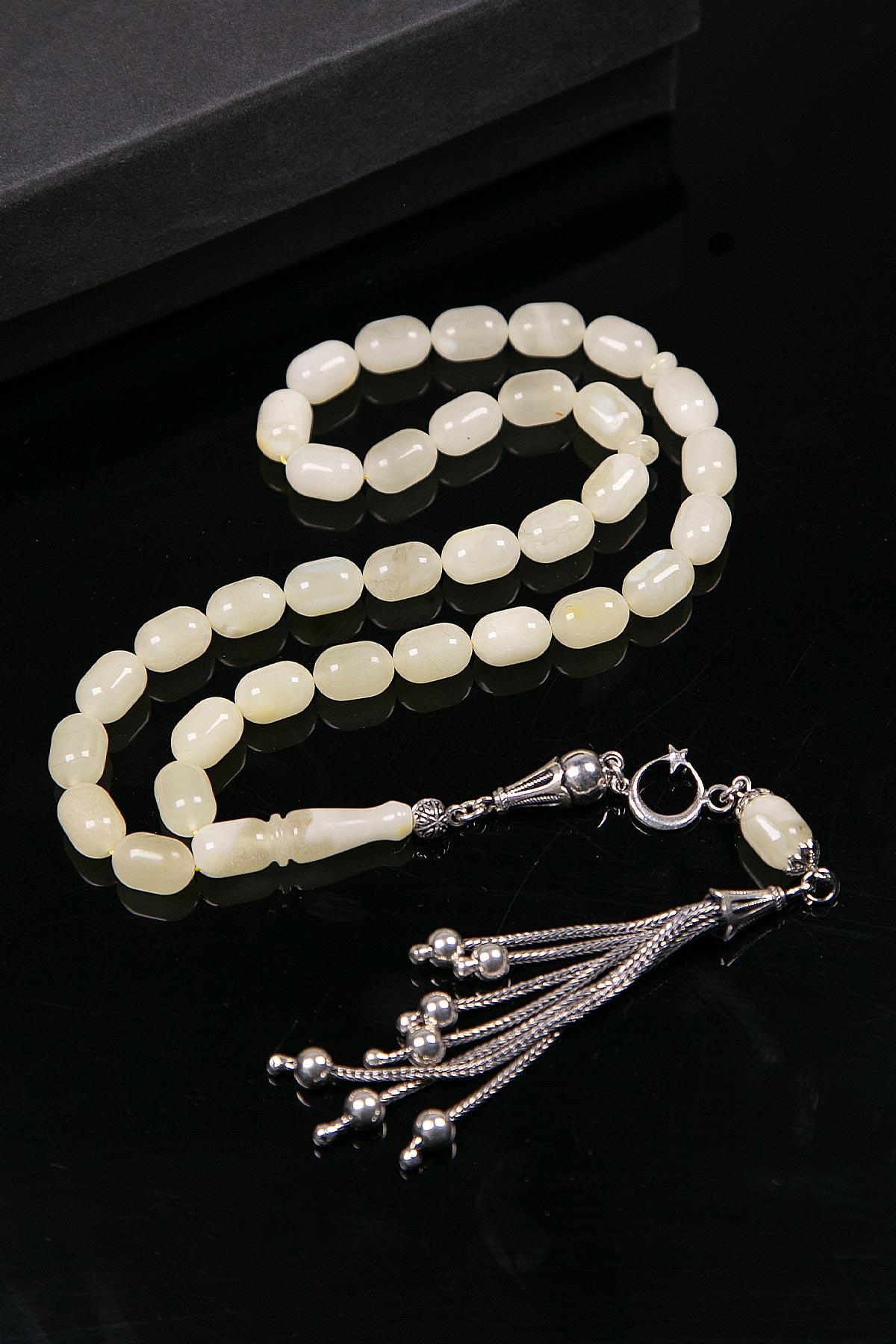 Limon Renk Kapsül Gümüş Püsküllü Damla Kehribar Tesbih