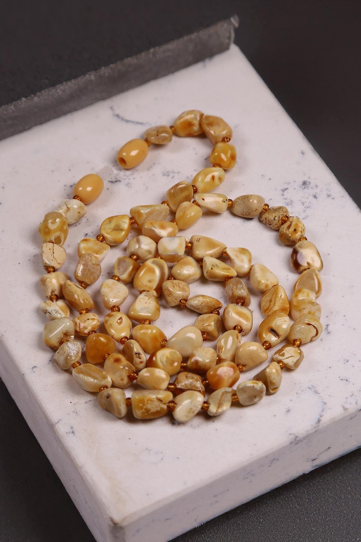 Mat Sarı Doğal Damla Kehribar Kolye  - TesbihKenti