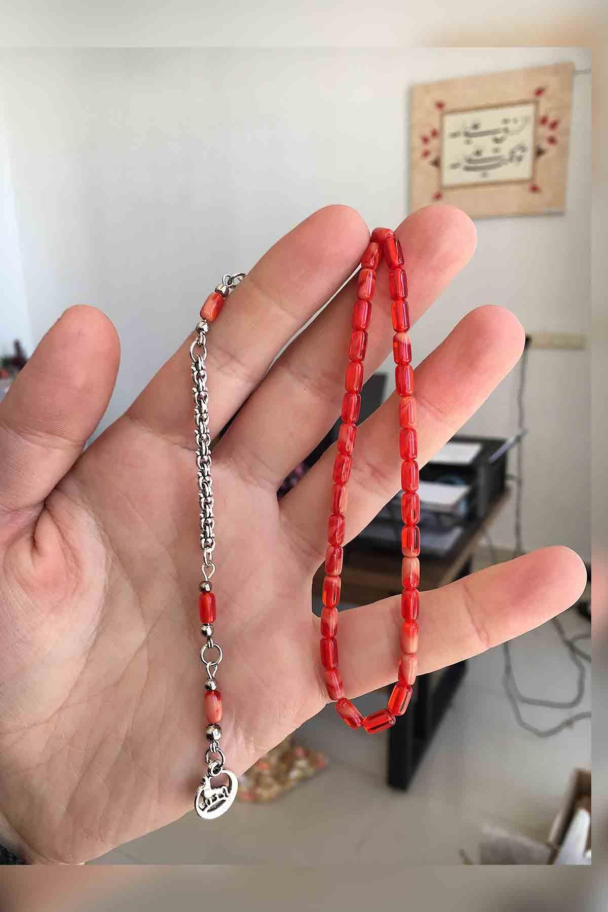 Minik Boy Kırmızı Hareli Sıkma Kehribar Tesbih