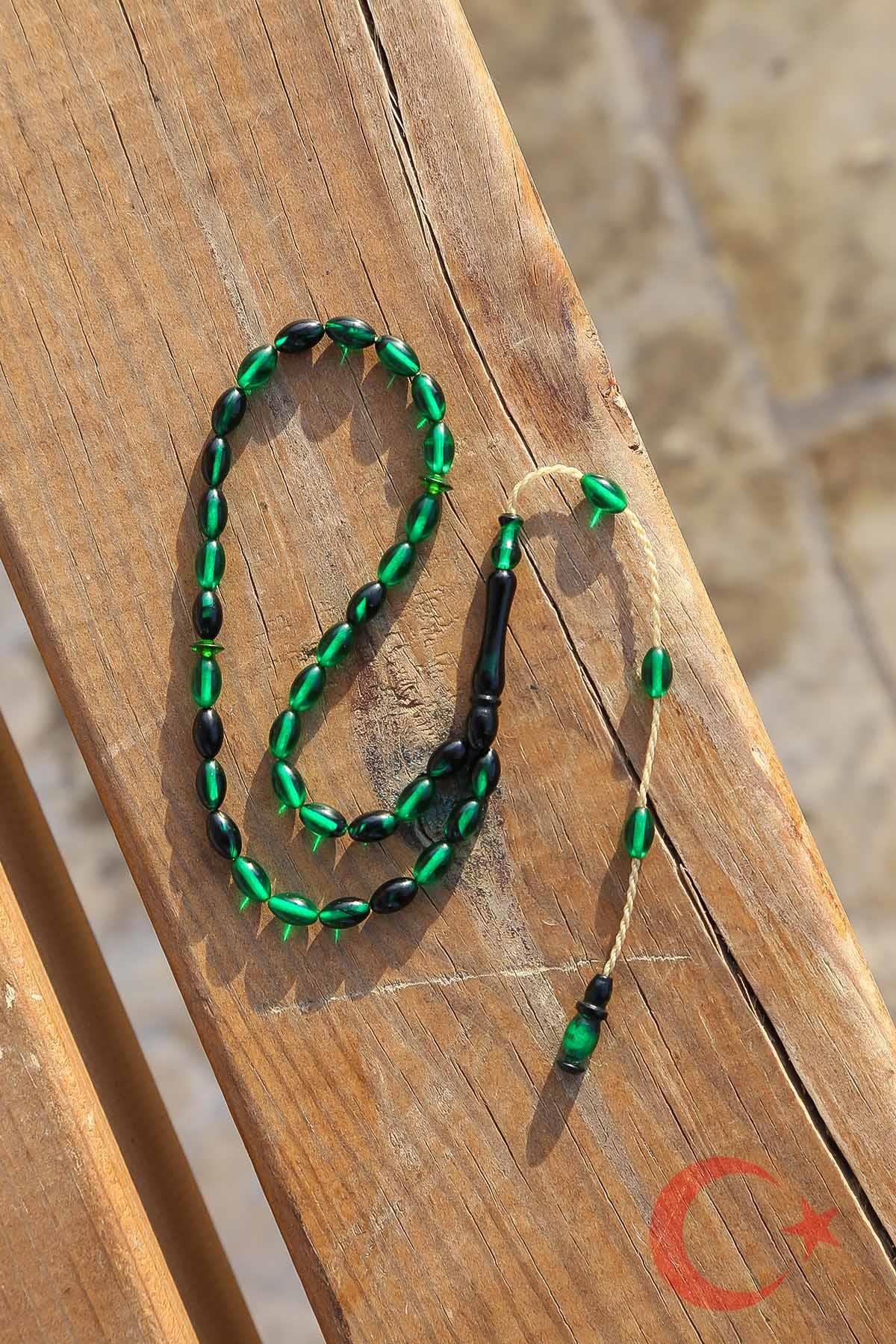 Minik Boy Usta İşçilik Alacalı Yeşil Renk Ateş Kehribar Tesbih