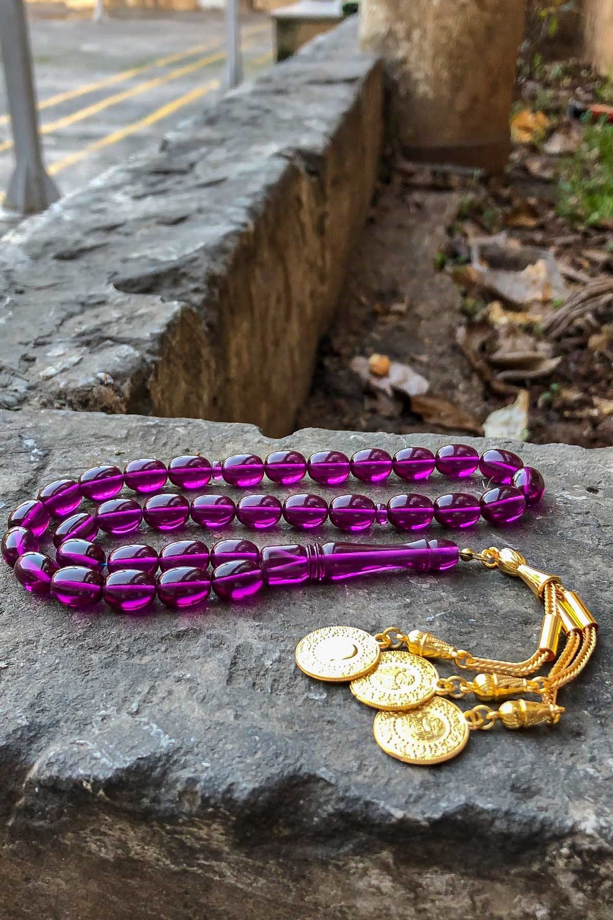 Mor Renk Gold Sarı Püsküllü Güzel Çekimli Ateş Kehribar Tesbih