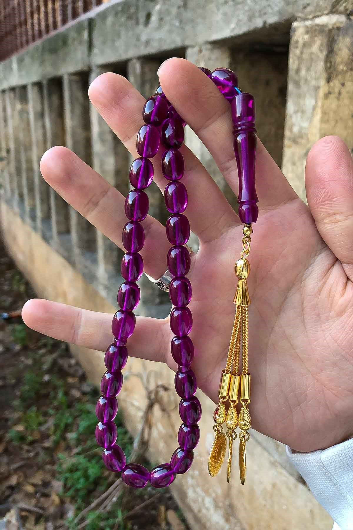 Mor Renk Gold Sarı Püsküllü Güzel Çekimli Ateş Kehribar Tesbih