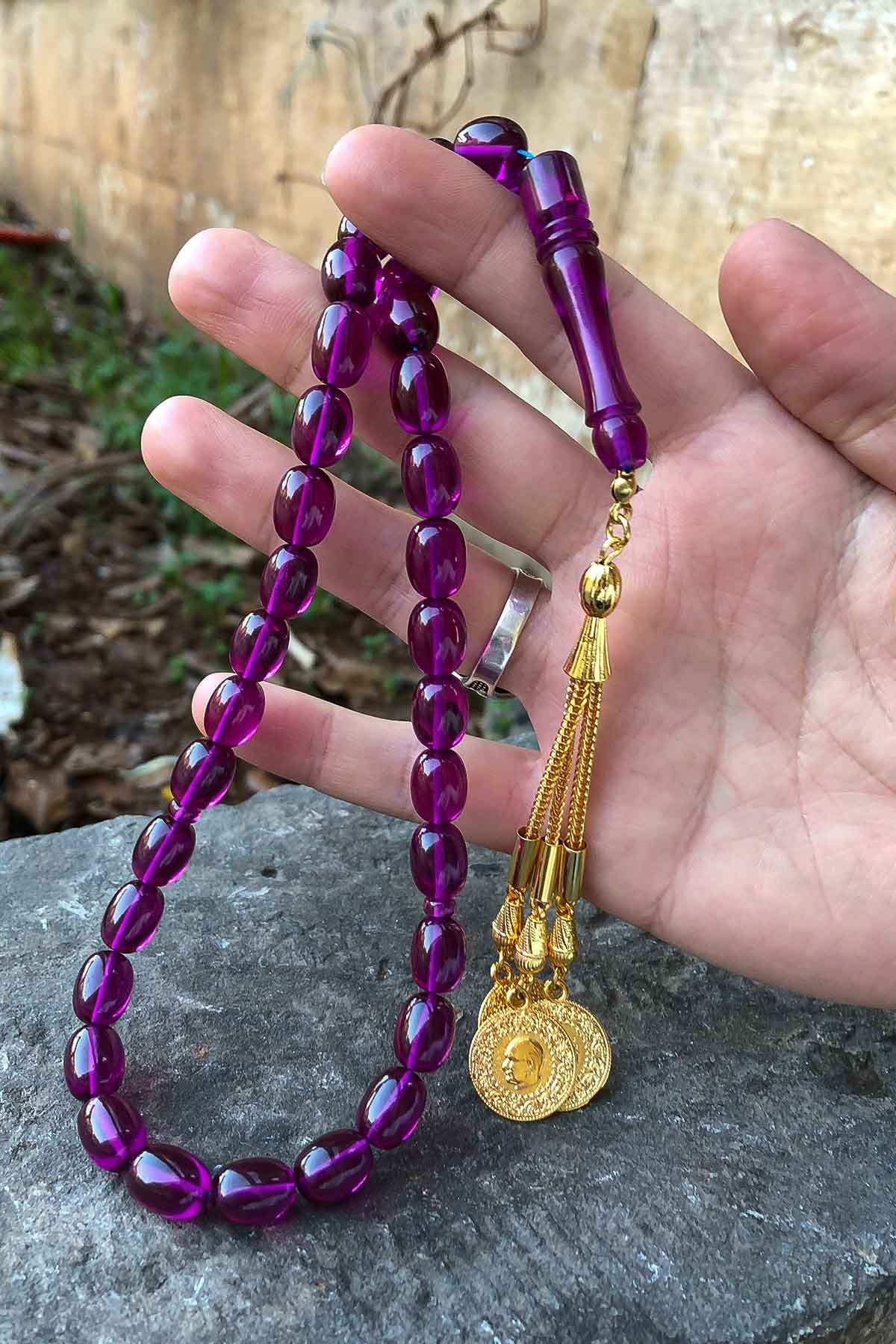 Mor Renk Gold Sarı Püsküllü Güzel Çekimli Ateş Kehribar Tesbih