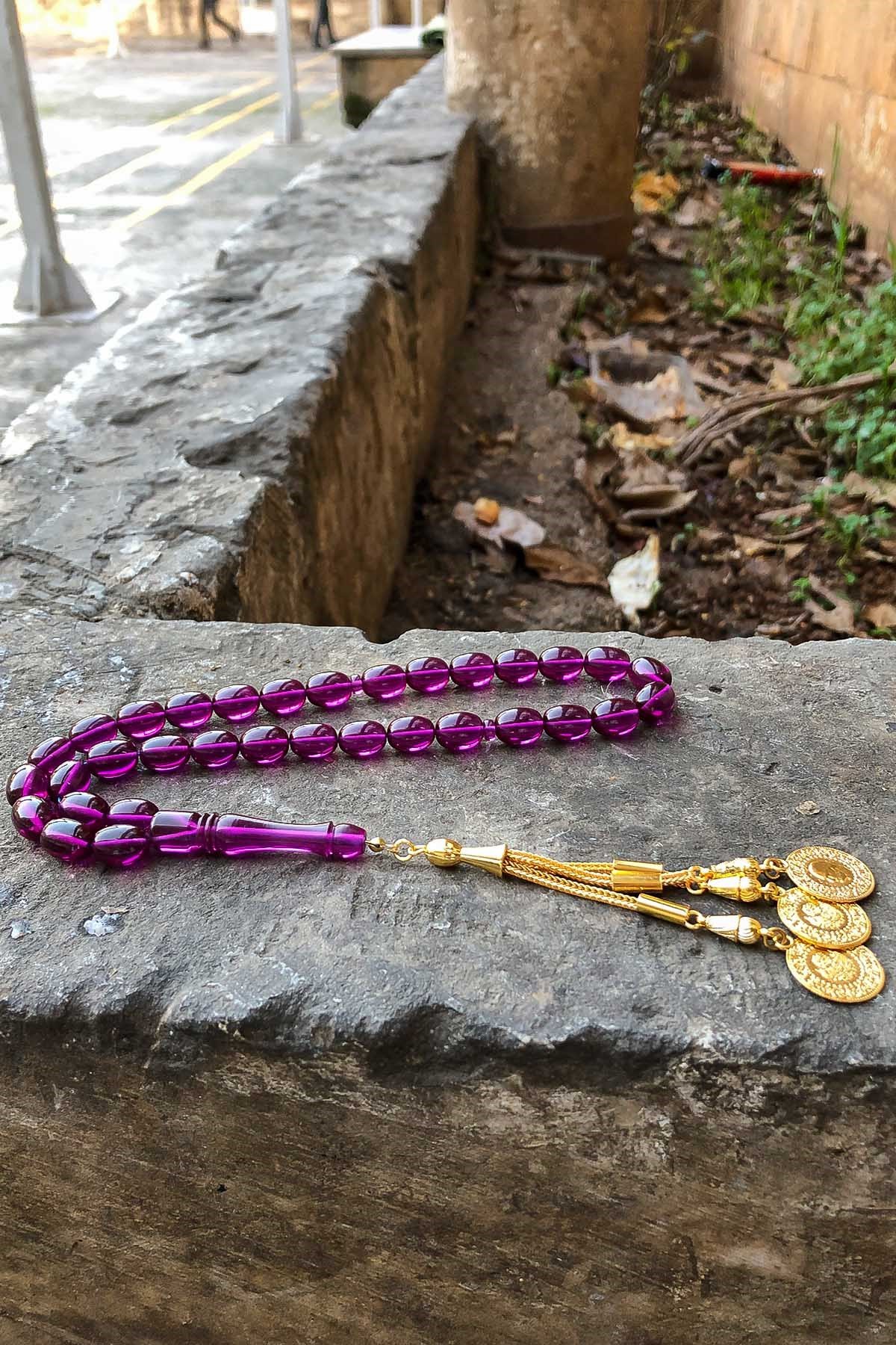 Mor Renk Gold Sarı Püsküllü Güzel Çekimli Ateş Kehribar Tesbih