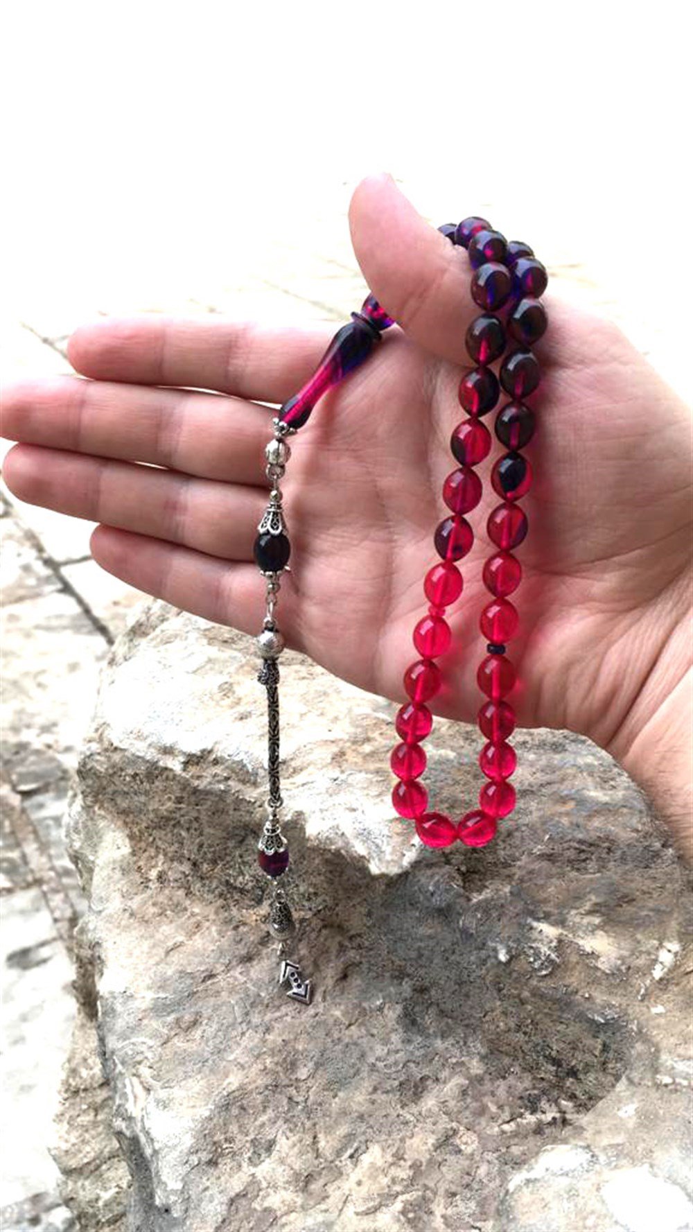 Nar çiçeği rengi Gümüş Püsküllü Ateş Kehribar