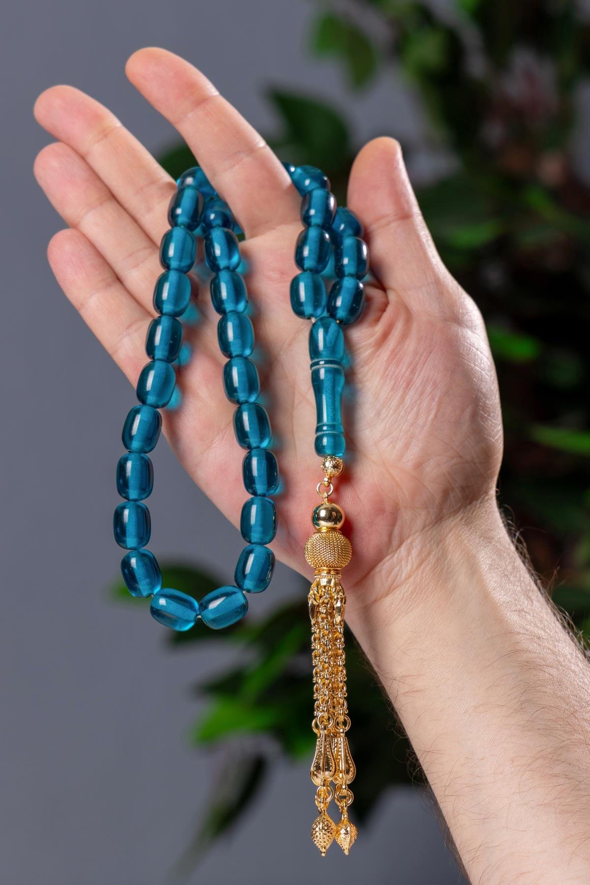 Özel Püsküllü İri Boy Su Mavisi Toz Kehribar Tesbih