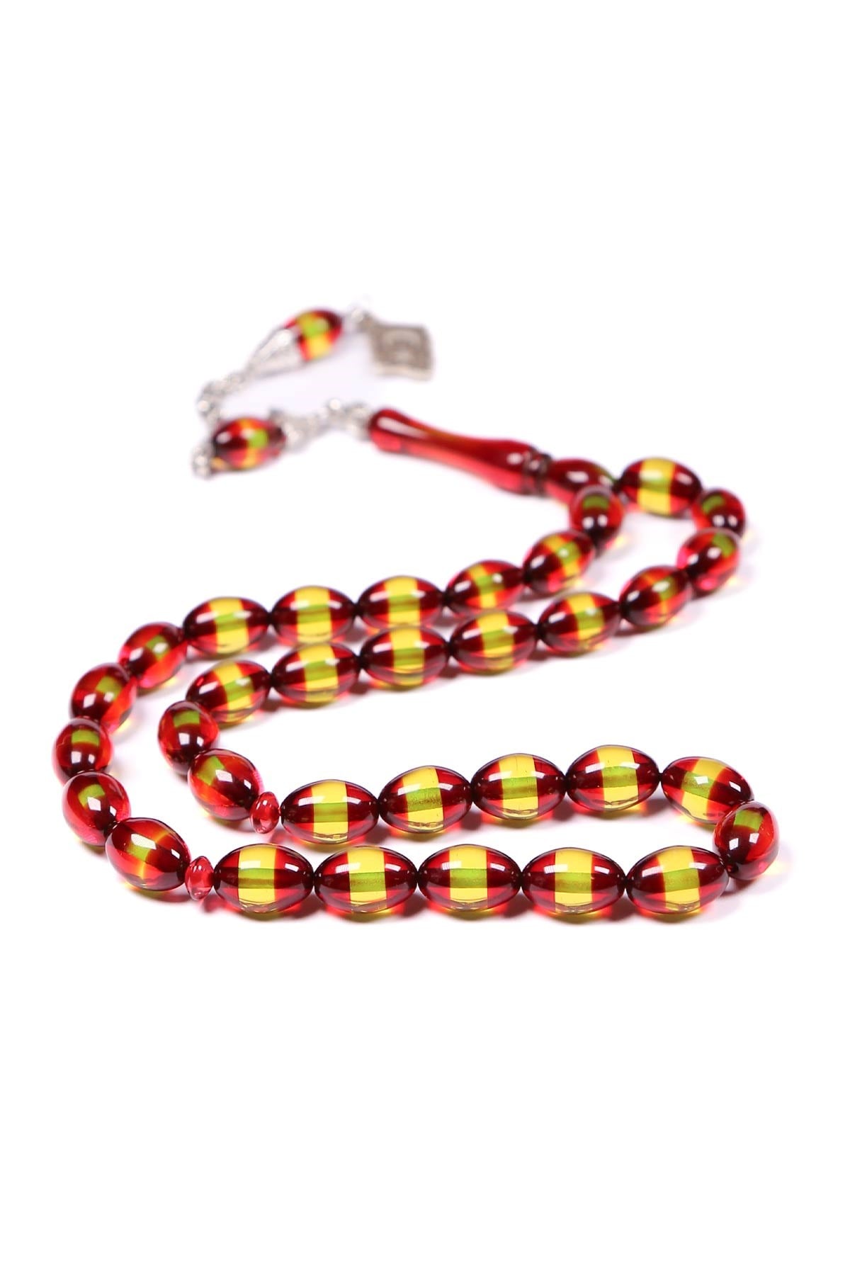 Sarı Kırmızı Sürmeli Toz Kehribar Tesbih 12x8 mm | TesbihKenti