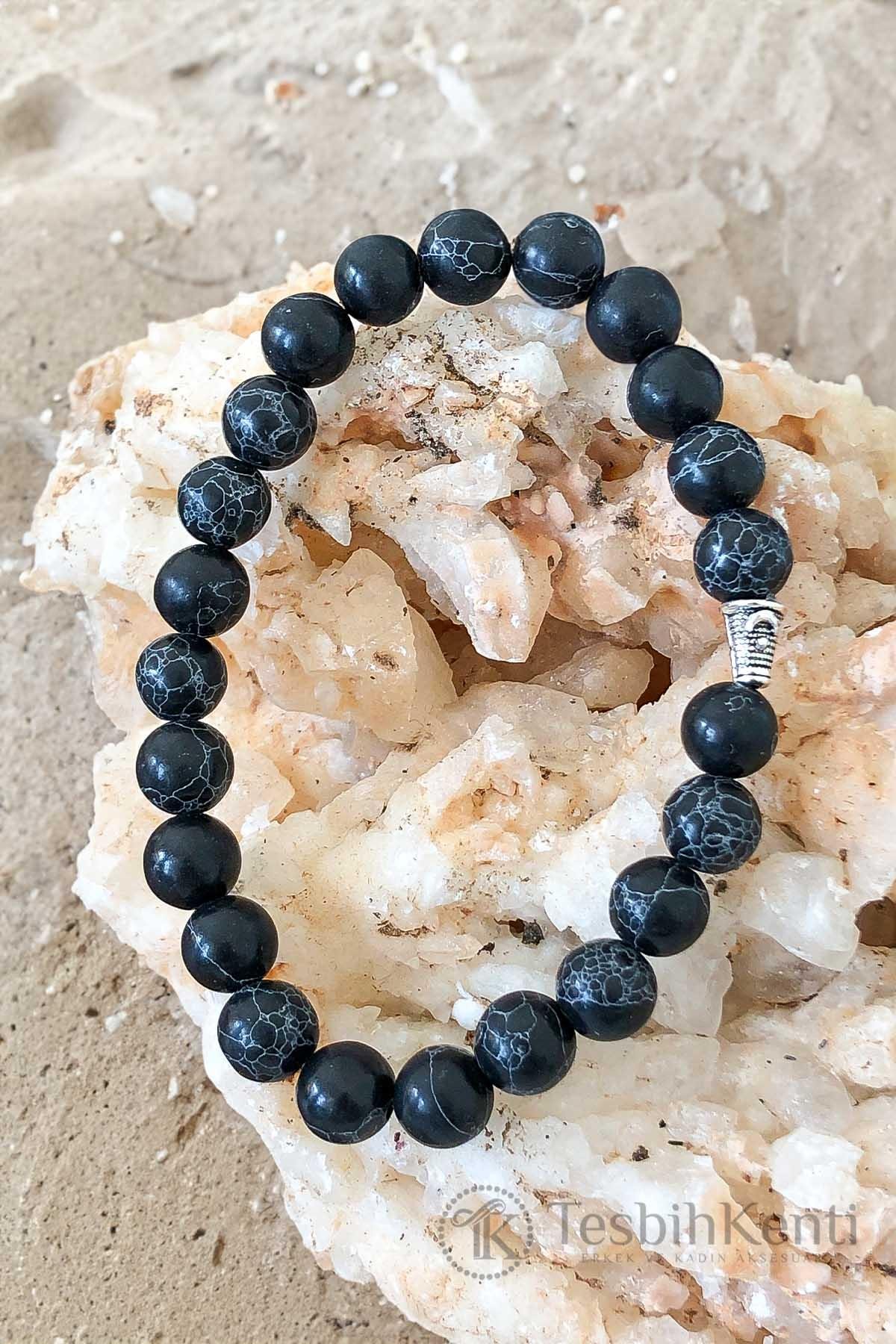 Siyah Beyaz Cizgili Obsidyen Taşı Bileklik
