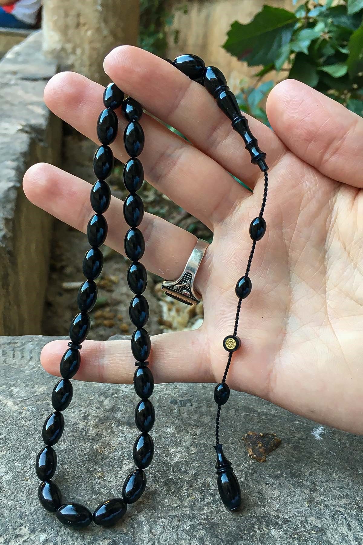 Siyah Renk Arpa Tane Sıkma Kehribar Tesbih