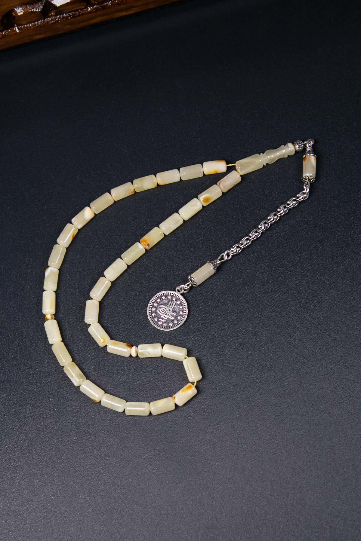 Tuğra Gümüş Püsküllü Damla Kehribar Tesbih - TesbihKenti