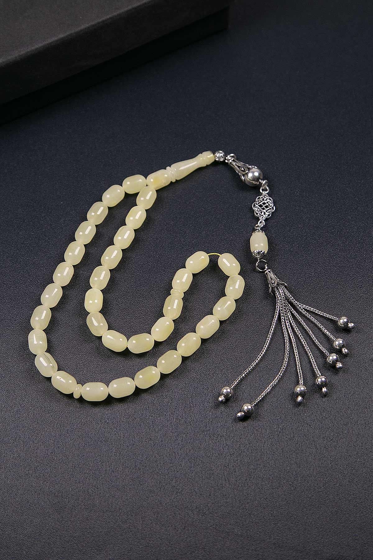 Usta İşçilik Gümüş Püsküllü Kaya Damla Kehribar Tesbih