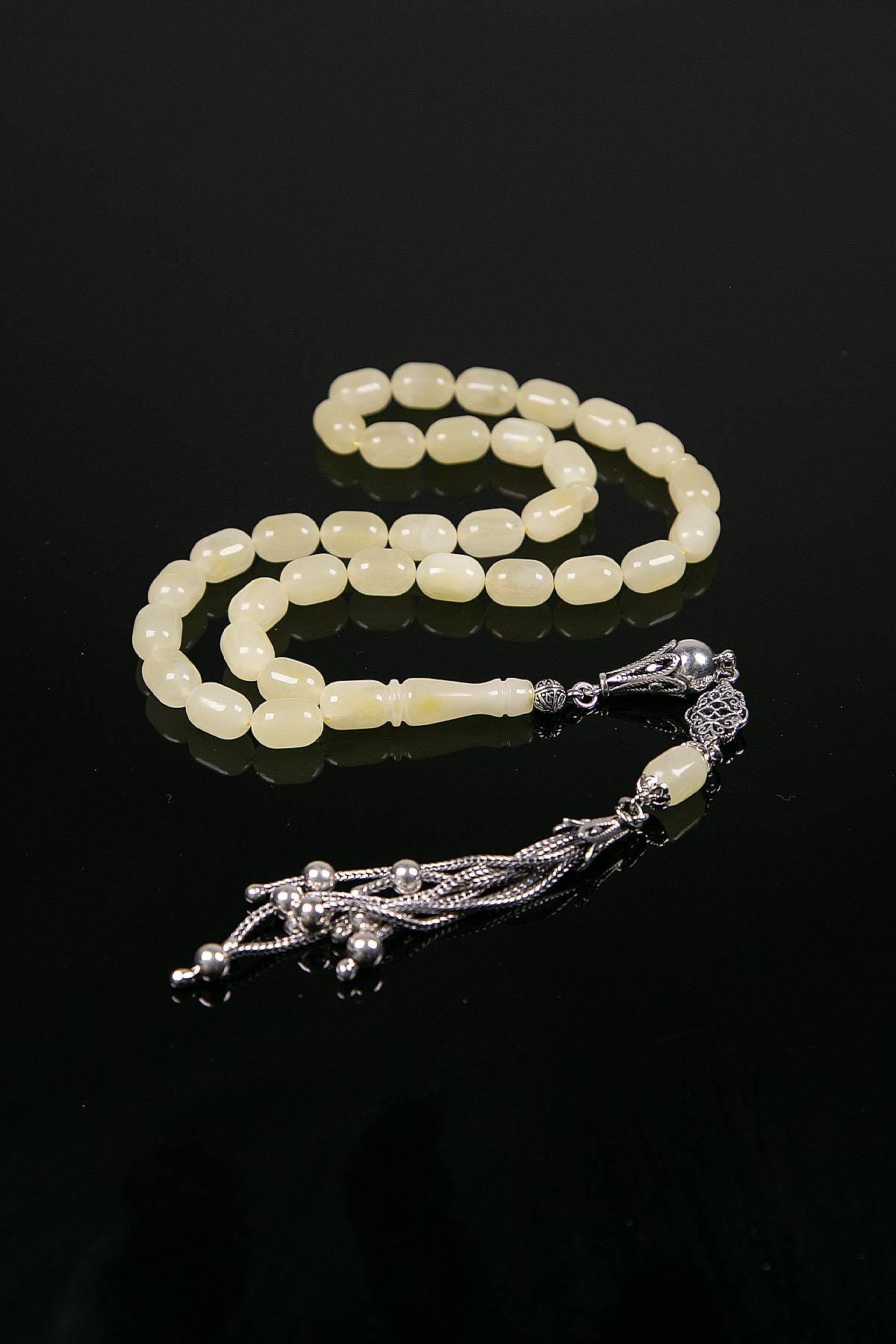 Usta İşçilik Gümüş Püsküllü Kaya Damla Kehribar Tesbih